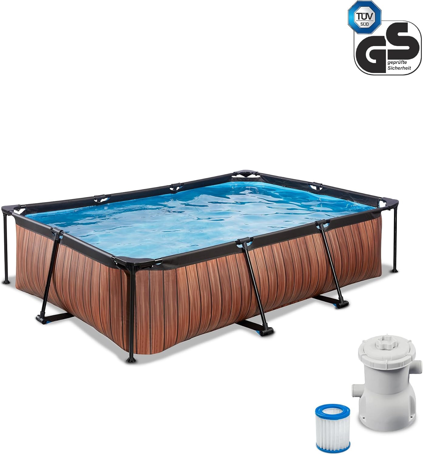 etevert Piscine en Bois - 300 x 200 x 65 cm - Rectangulaire et compacte - avec Pompe à Filtre à Cartouche - Facile d'accès - Convient pour Les Tout-Petits - Cadre Solide - Design Unique - Marron