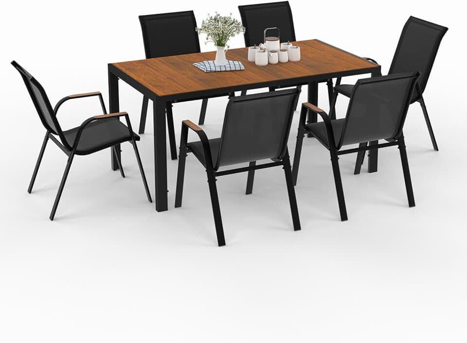 etevert - Salon de jardin NOUMEA - 150 cm - plateau verre/bois, 6 chaises