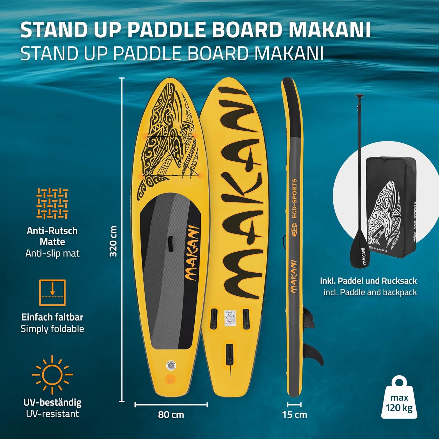 etevert - stand up paddle série gonflable - 305/308/320/380 cm - PVC, 120/150 kg, 10/15 cm épaisseur