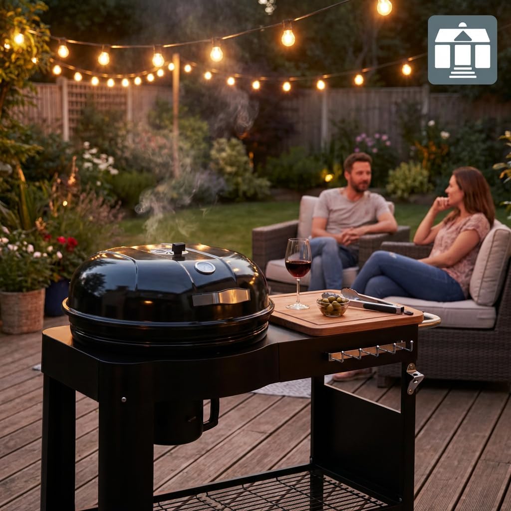 etevert - Barbecue Calgary - acier/bois - couvercle thermomètre, tablettes, 2 roues, noir