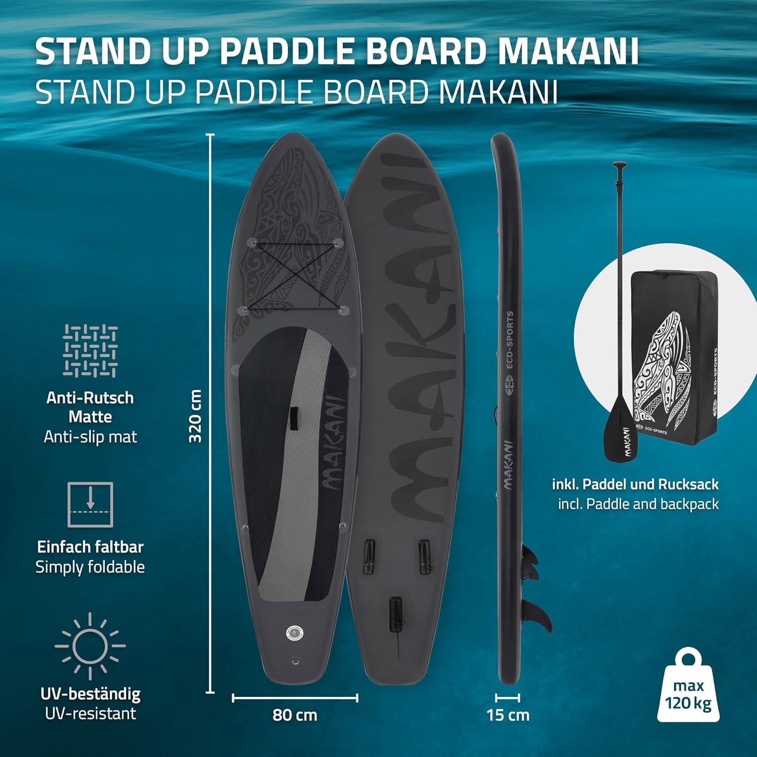 etevert - Stand Up Paddle Gonflable - 305/308/320/380 cm - PVC, 120/150 kg, épaisseur 10/15 cm