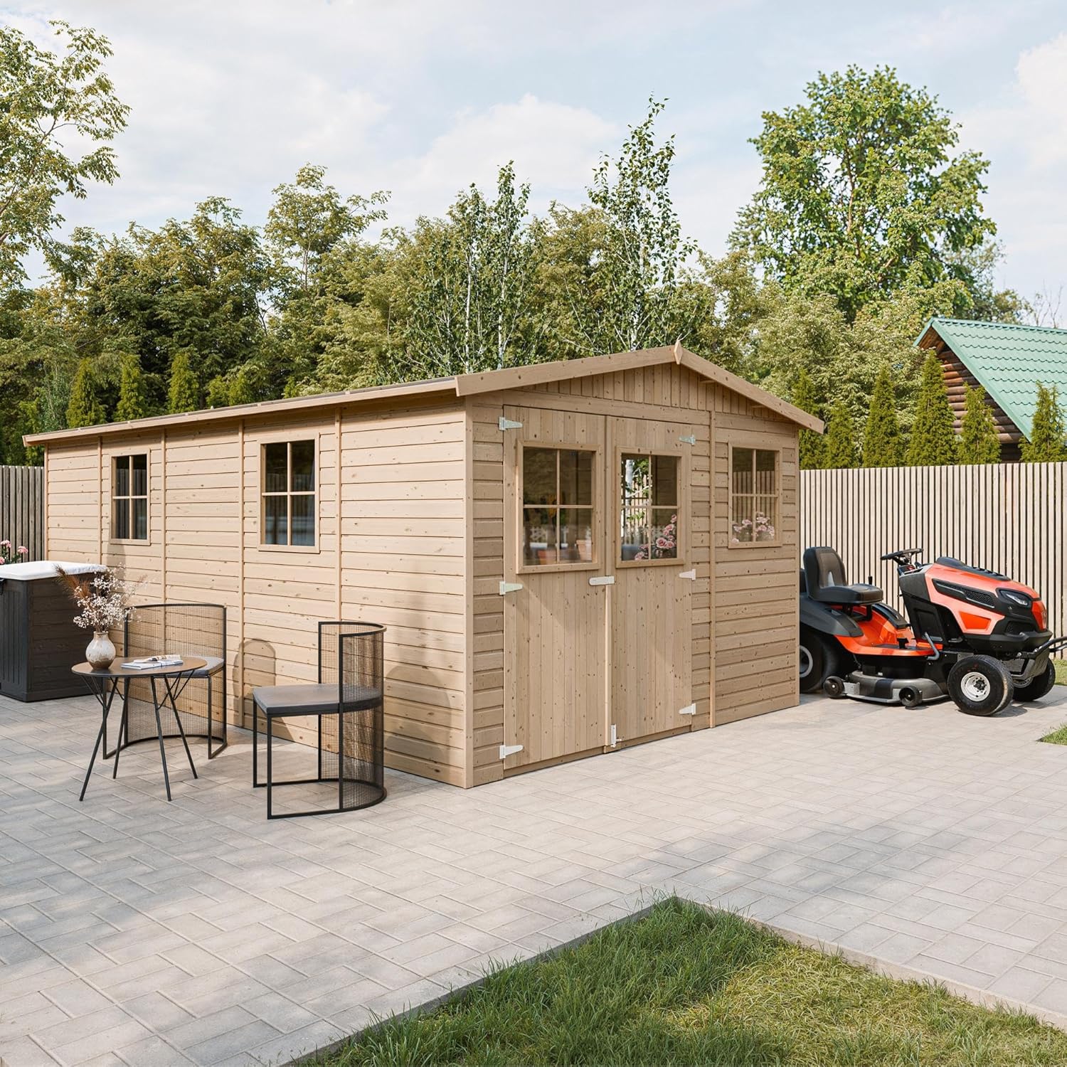 Abri de Jardin en Bois Naturel - Stockage extérieur avec fenêtres- H226x324x516 cm/15 m² Hangar en Bois Naturel - Atelier Rangement Outils et vélos- etevert M337