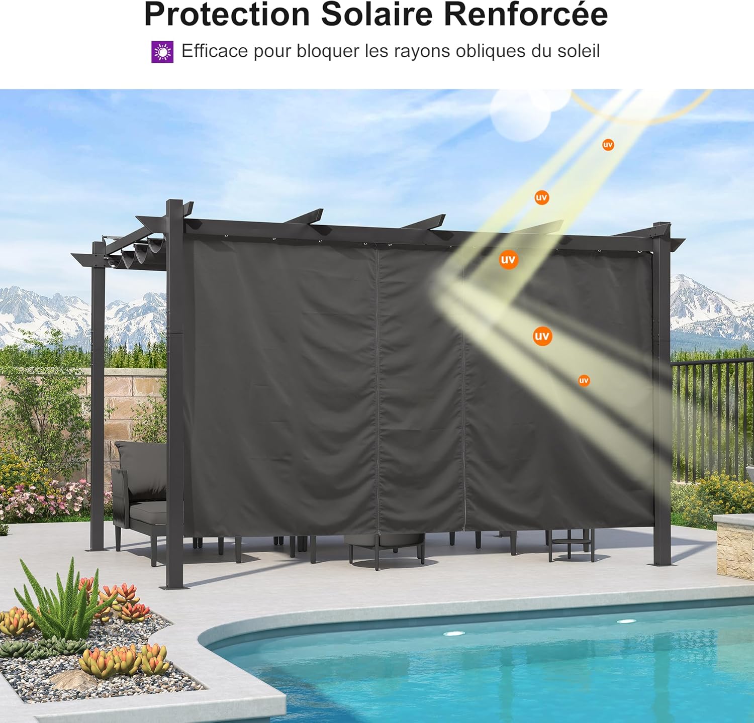 etevert - Pergola Aluminium - 4x3m - Rideau, toit rétractable, imperméable