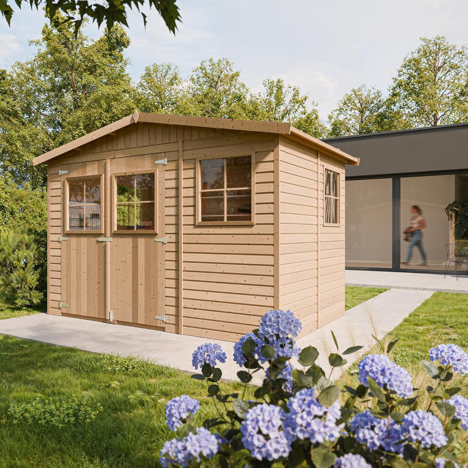 Abri de Jardin en Bois Exterieur avec Les PLANCHERS IMPRÉGNÉ- Cabane de Jardin en Pin/épicéa-H226x324x216 cm/6m2- Construction de Panneaux- Rangement pour vélos, Remise à Outils- etevert M334+M334G