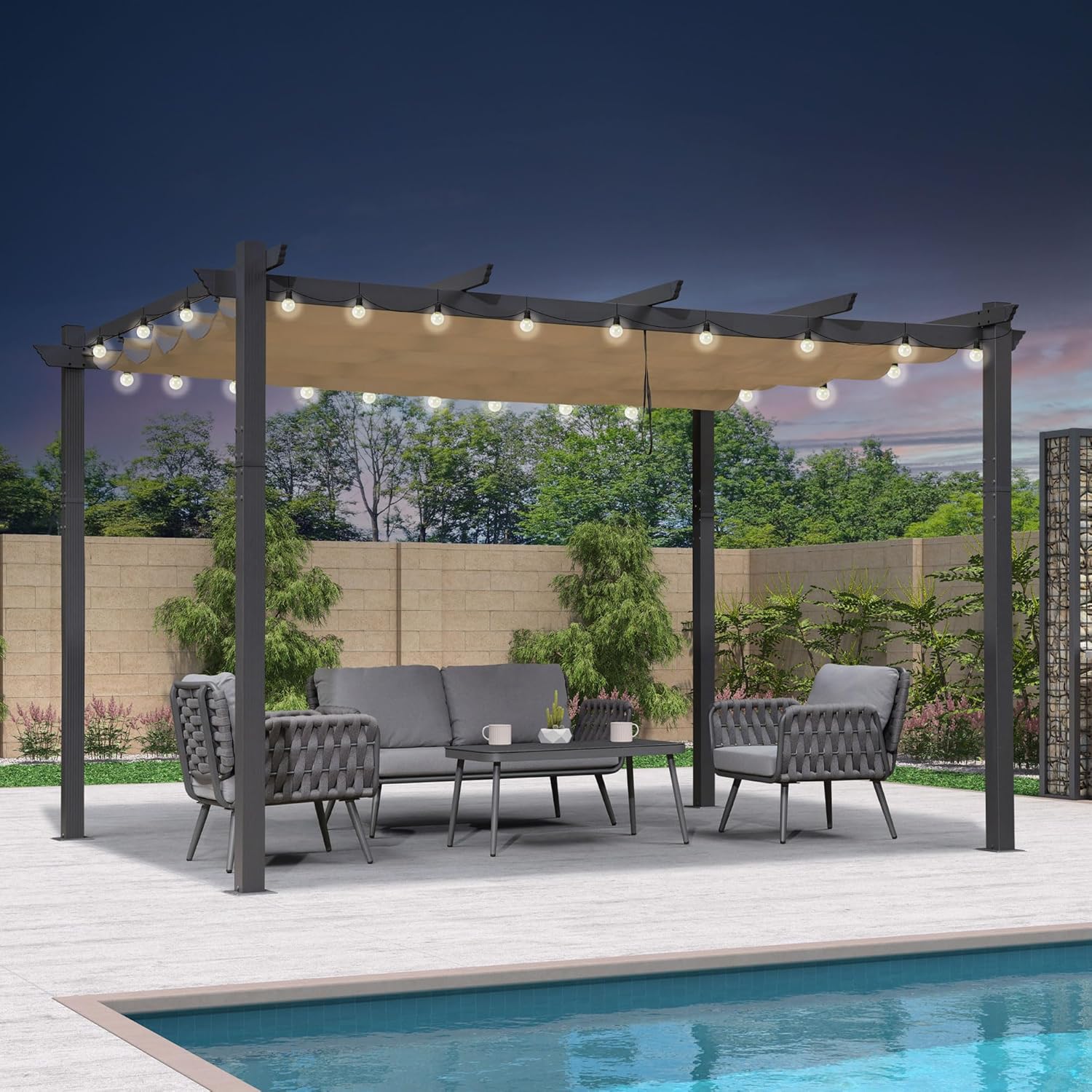 etevert - Pergola Aluminium - 4x3,2m - LED intégrée, toit rétractable, kaki