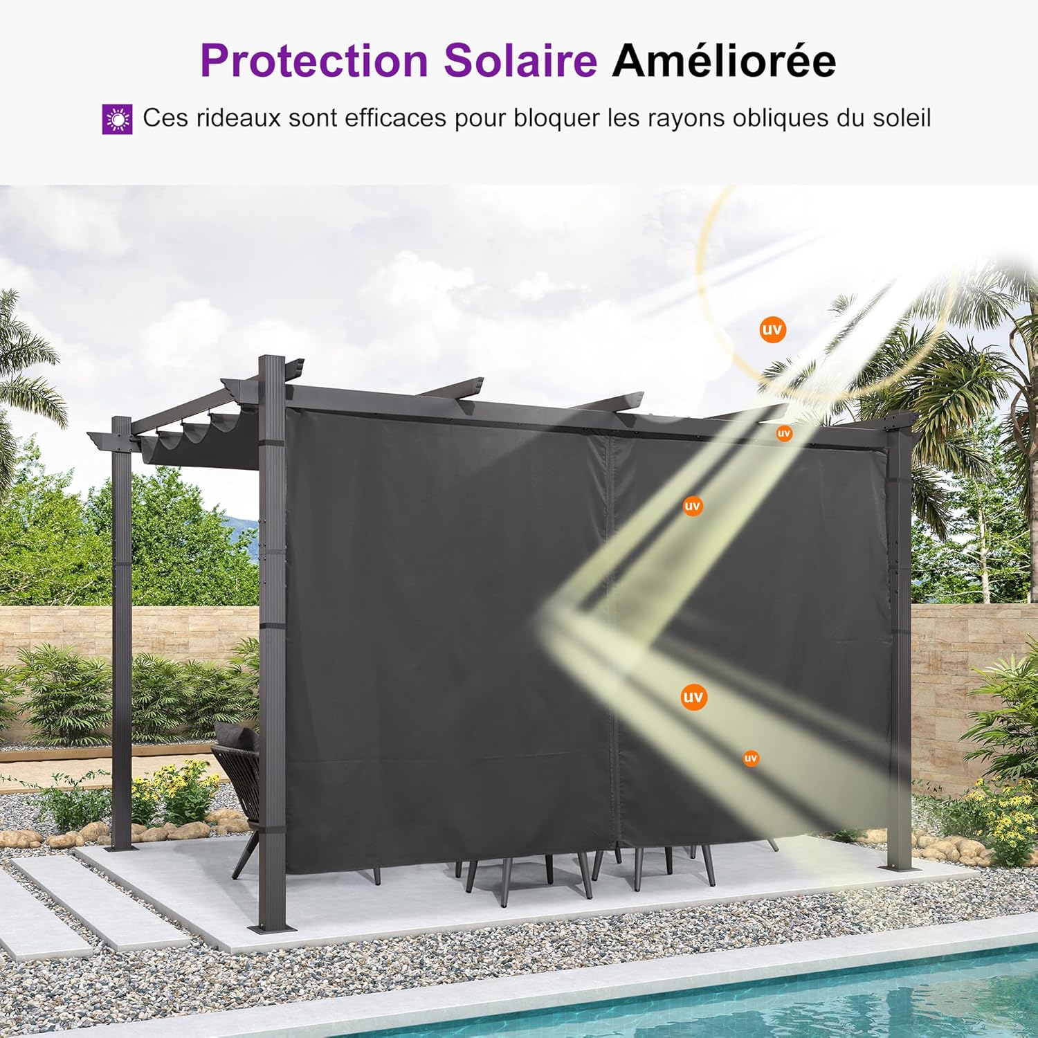 etevert - pergola aluminium série 4x3m rideau toit coulissant gris