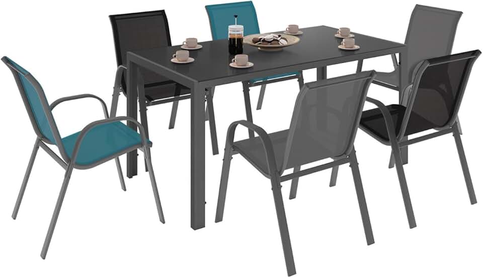 etevert - Salon Madrid - Table 150 cm, 6 chaises mix gris/noir/bleu