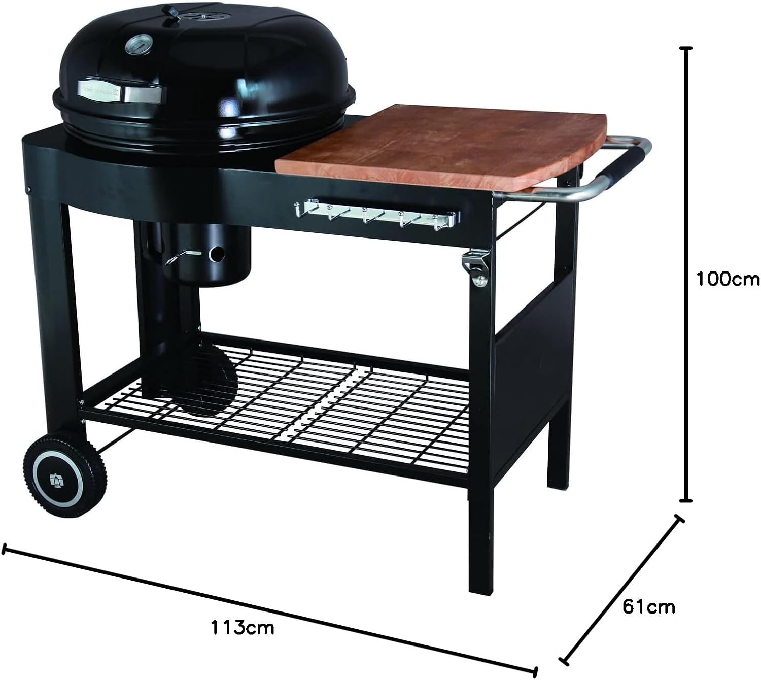 etevert - Barbecue Calgary - acier/bois - couvercle thermomètre, tablettes, 2 roues, noir