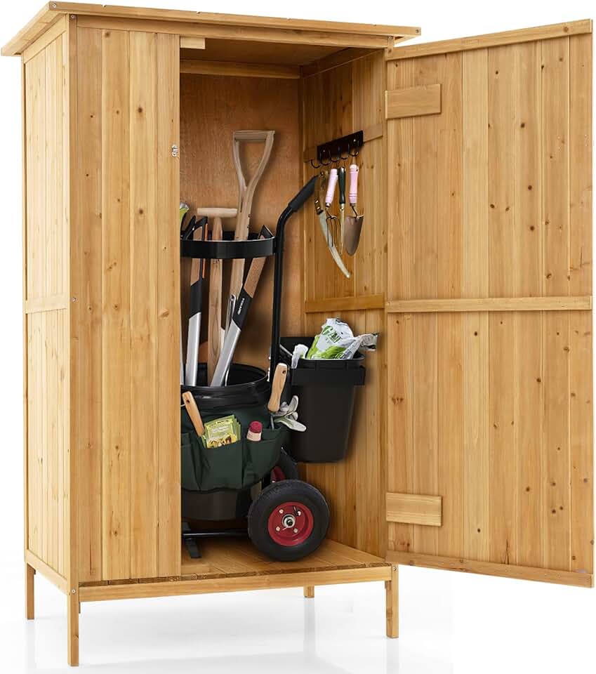 etevert - armoire jardin bois - 3 étagères, toit asphalte, porte verrouillée