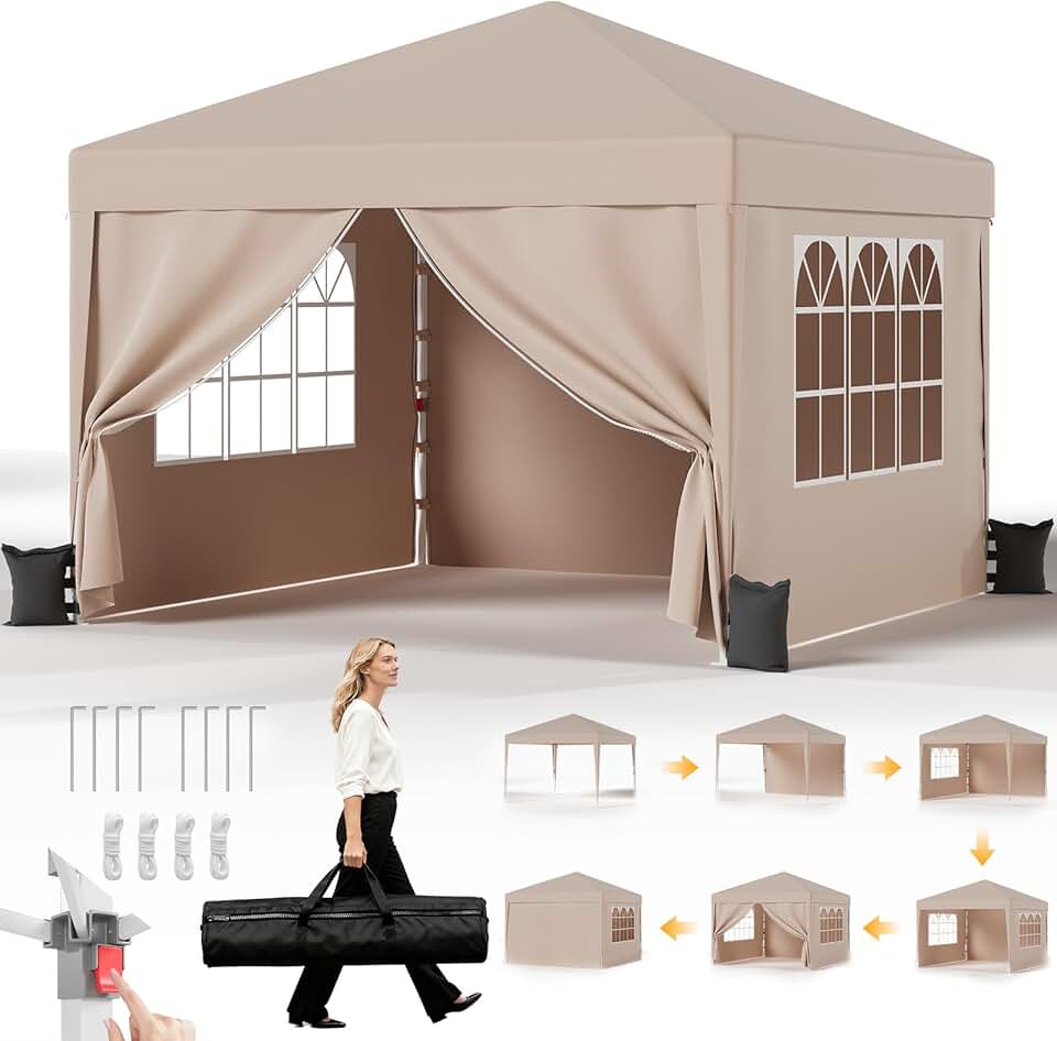 etevert Tonnelle Pliante 3x3 imperméable, Hauteur Réglable, Toile Épaisse avec Fermeture Velcro, Structure Robuste, Protection Anti-UV, Idéale pour Camping, Jardin et Plus Encore, Beige