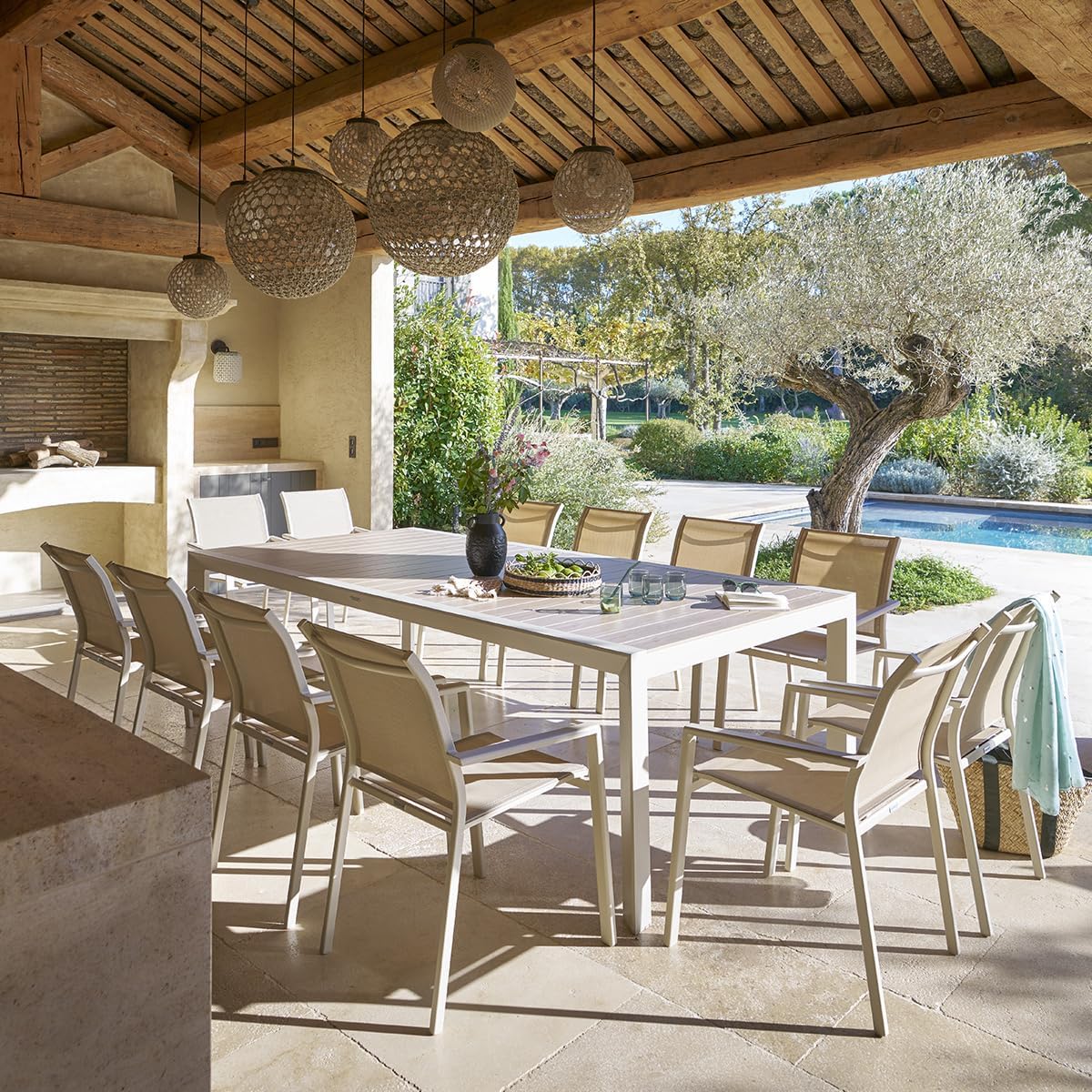 etevert - Évasion - table jardin alu 12 places effet bois lin argile