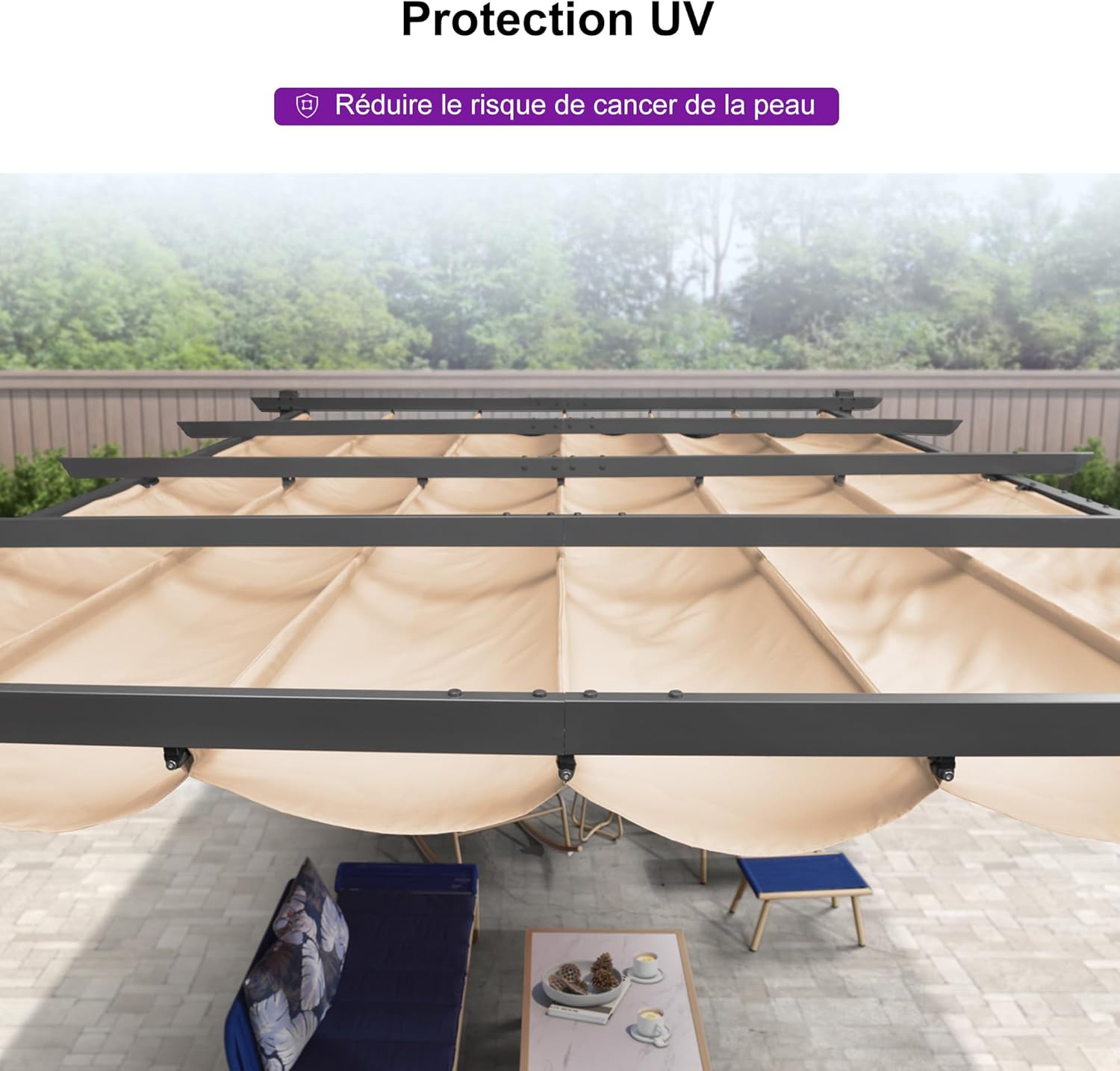 etevert - Pergola Aluminium - 4x3m - Toit coulissant, tissu kaki