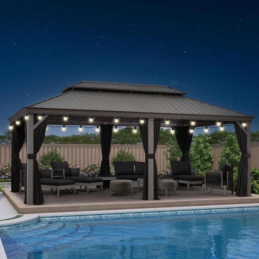 etevert - Pergola double toit aluminium 3,65x6m rideaux LED, Gris -