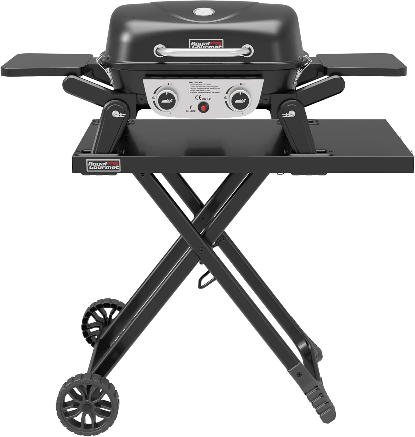 etevert - barbecue gaz portable - 48x37 cm - 2 brûleurs, tables pliantes, chariot détachable, 5kW