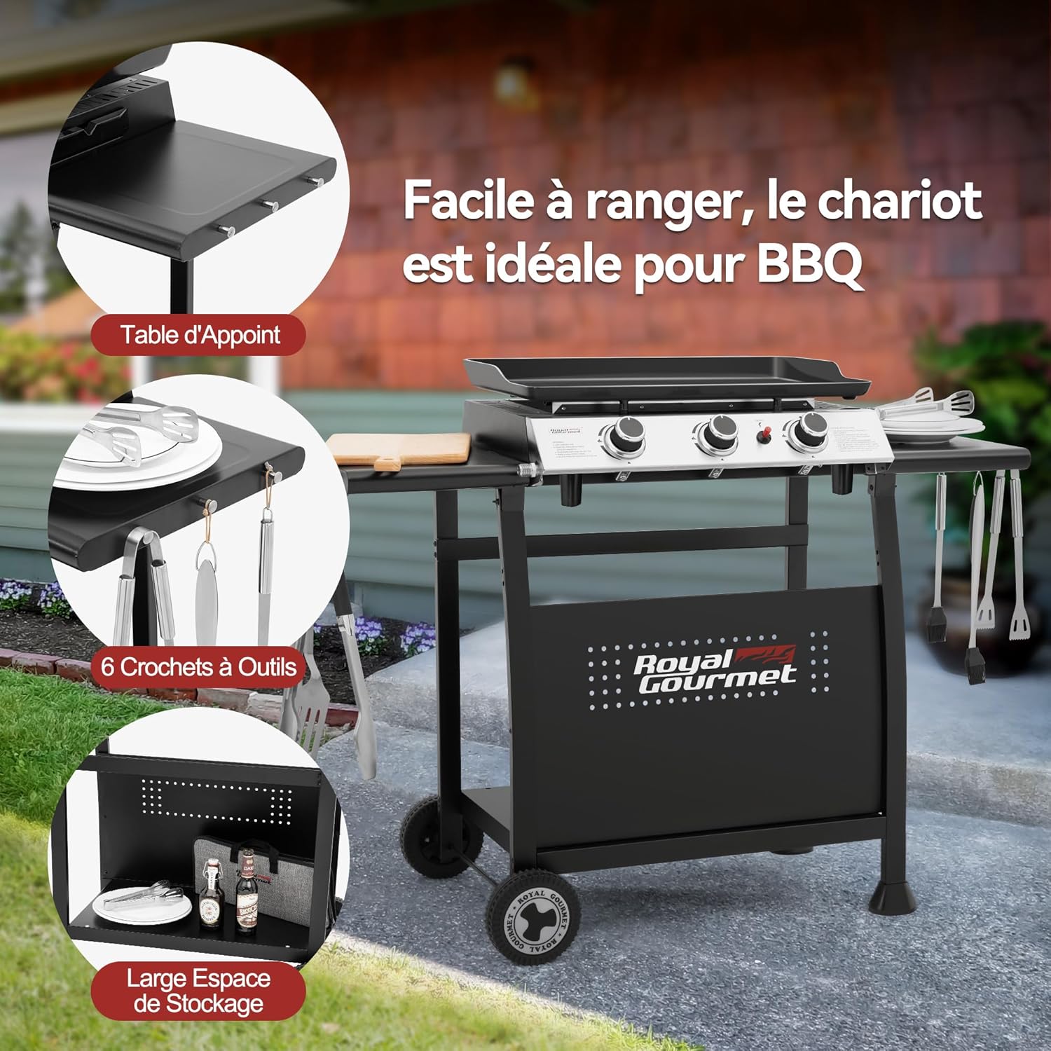 etevert - Plancha sur chariot 62x35,5cm - 3 brûleurs puissants 7,5kW