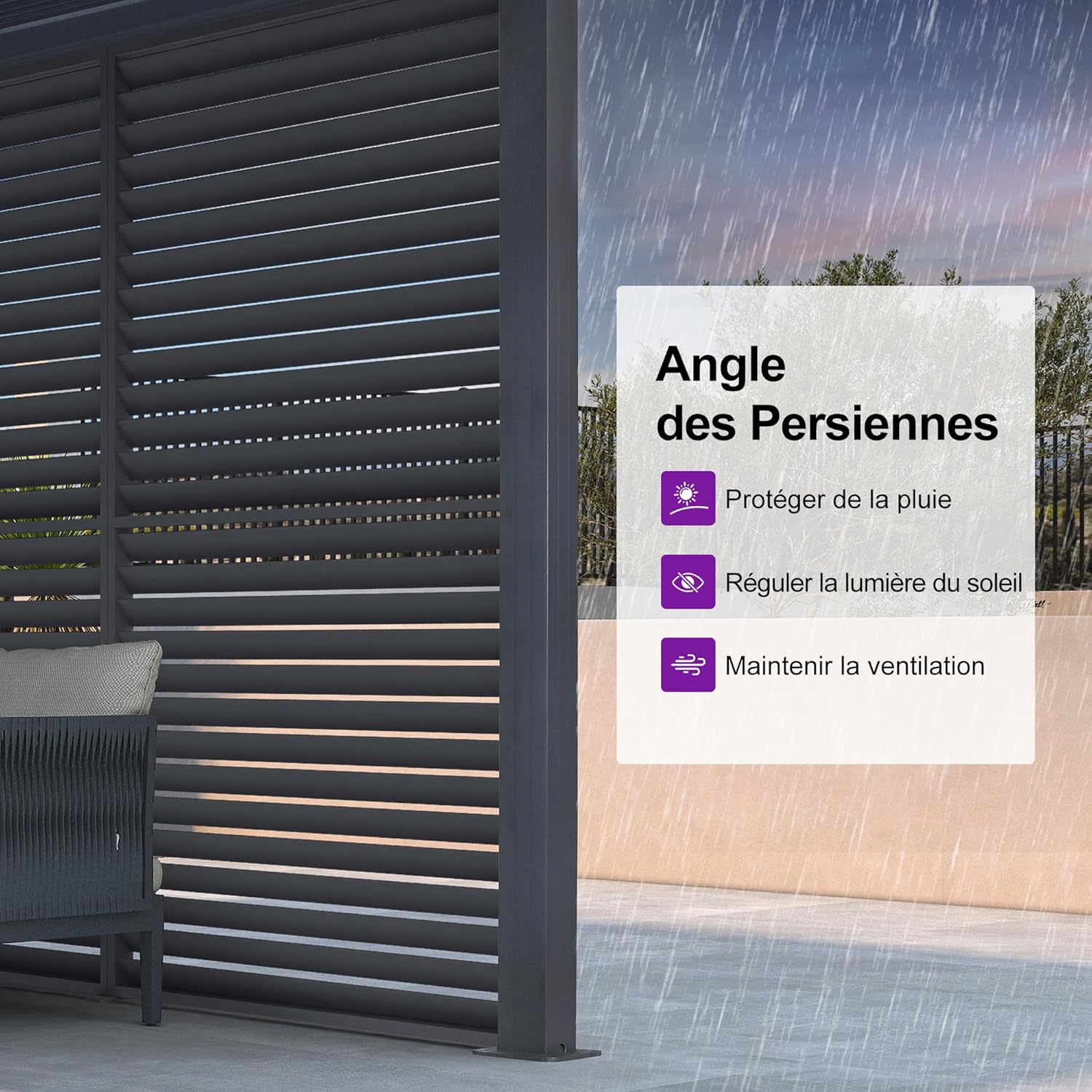 etevert - Pergola aluminium bioclimatique 4,8x3m, lames orientables, persiennes fixes, gris