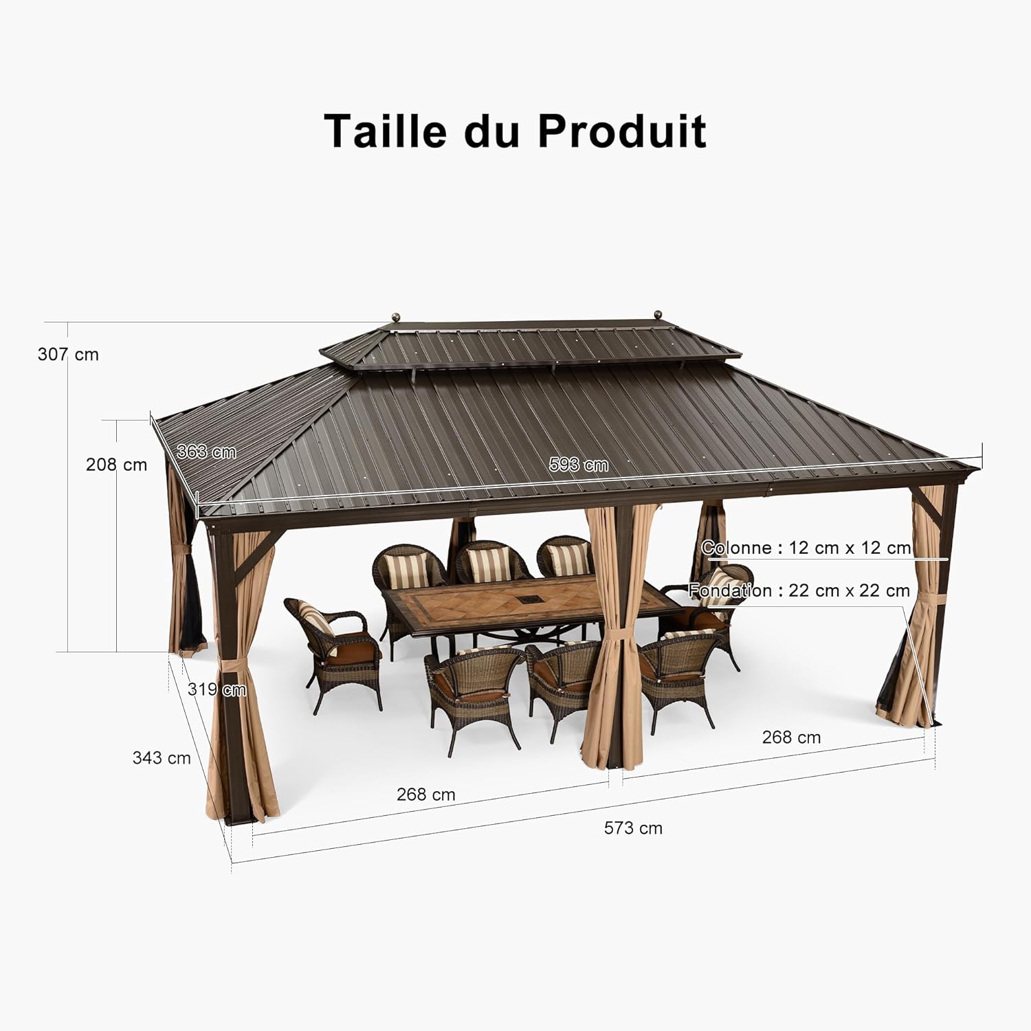 etevert - Double Toit Bronze - 6x3,65m - Rideaux épais, moustiquaire, gouttière, poteaux renforcés
