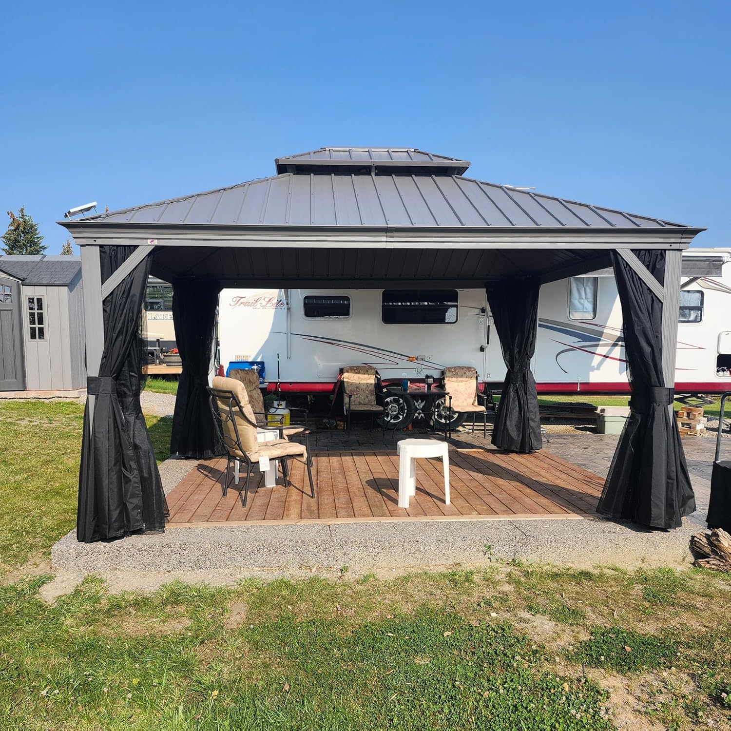 etevert - tonnelle jardin double toit - 3,65x4,25m - aluminium, moustiquaire, rideaux