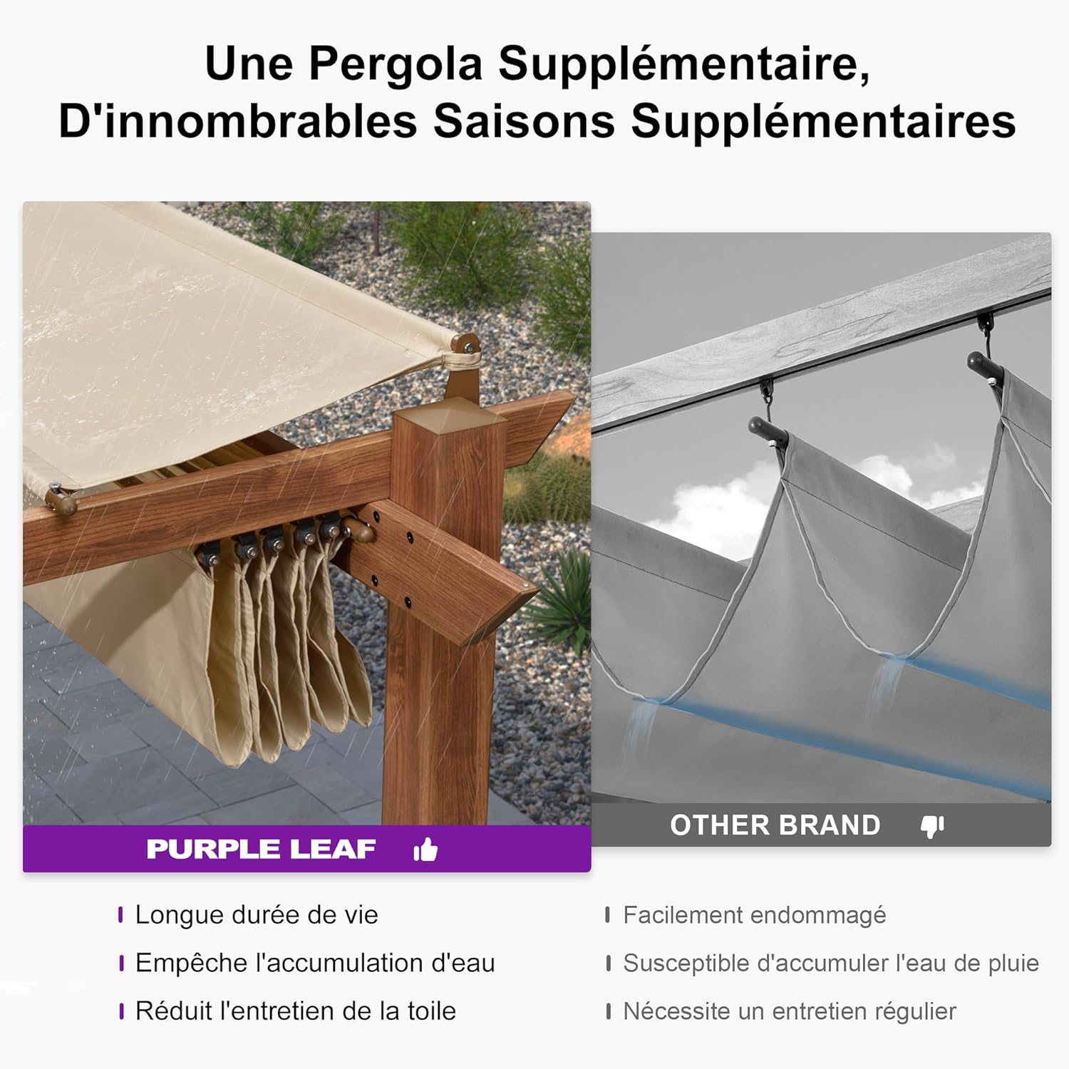 etevert - Pergola alu finition teck 4x3m - toile rétractable, rideau, kaki
