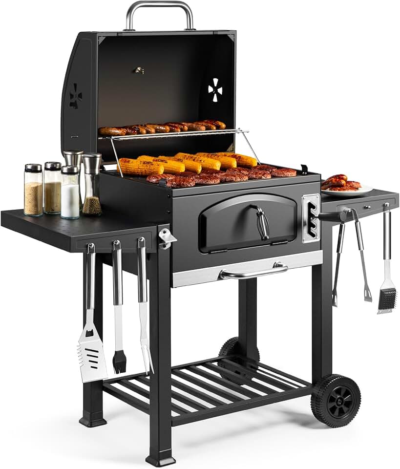 etevert - Barbecue XL - grande capacité, tablettes, fumoir, roues