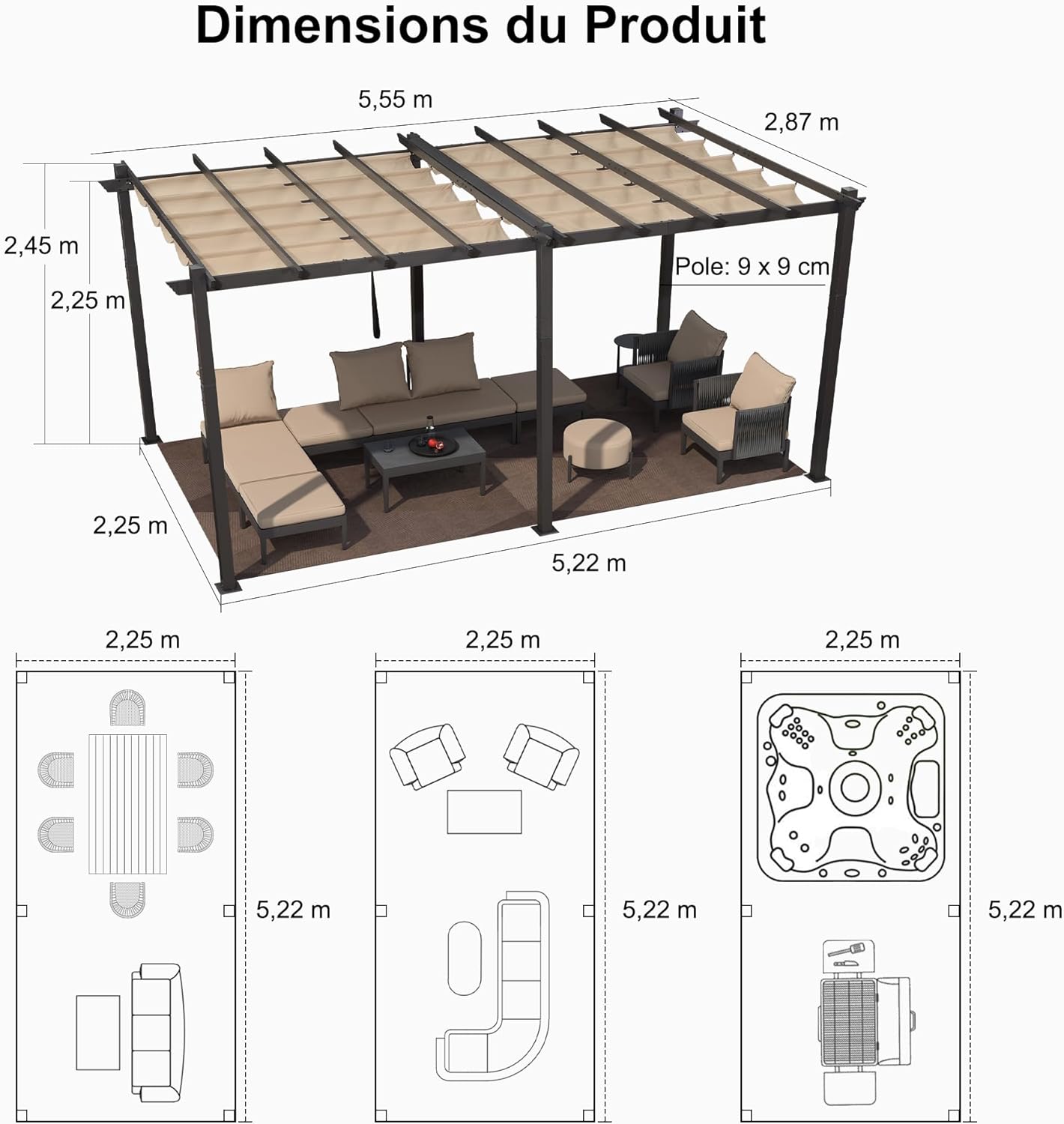 etevert - Pergola aluminium 5,5x3m toit coulissant extérieur