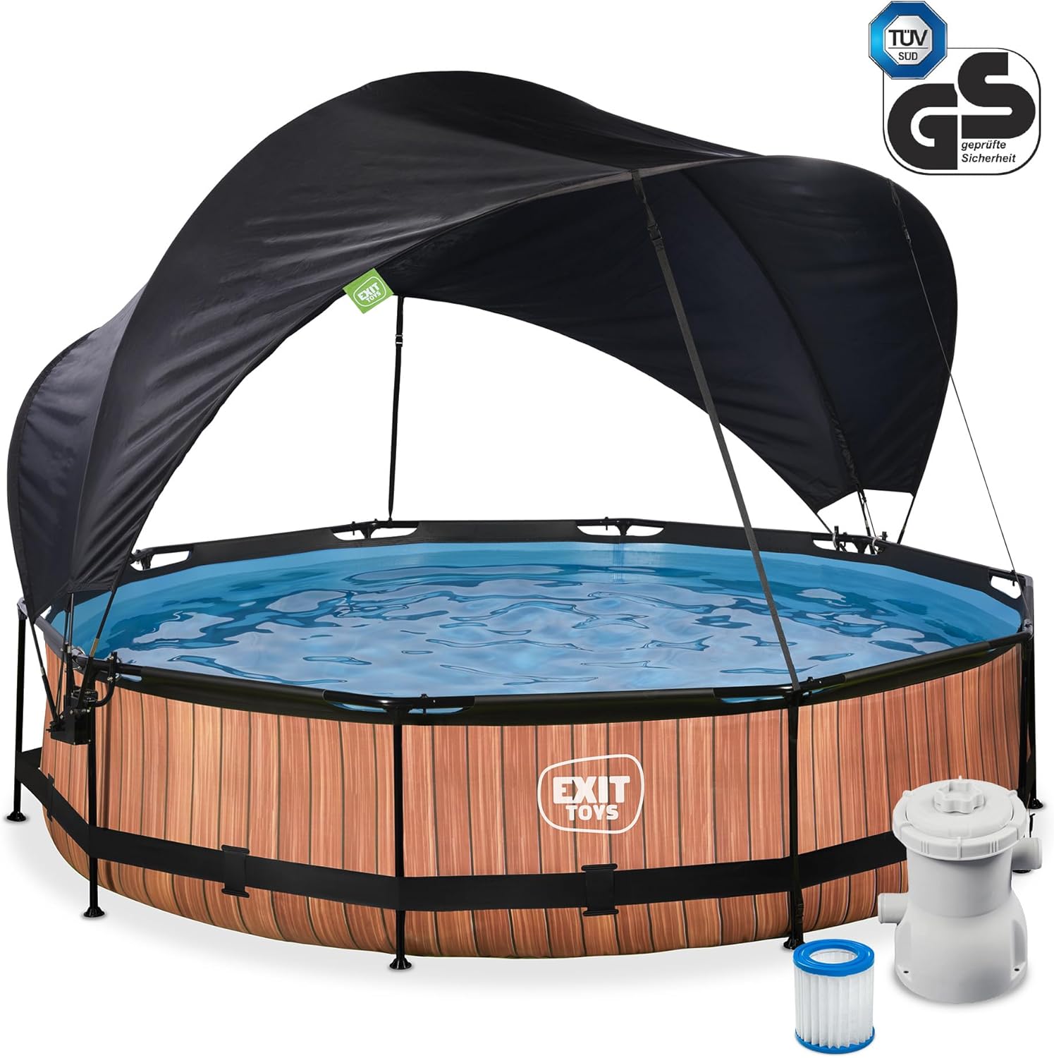 etevert Piscine Wood avec Voile d'Ombrage - ø360x76cm - Piscine Hors Sol Ronde avec Pompe Filtrante à Cartouche - Protection Optimale Contre Les Rayons UV - Entrée Basse - Design Unique - Marron