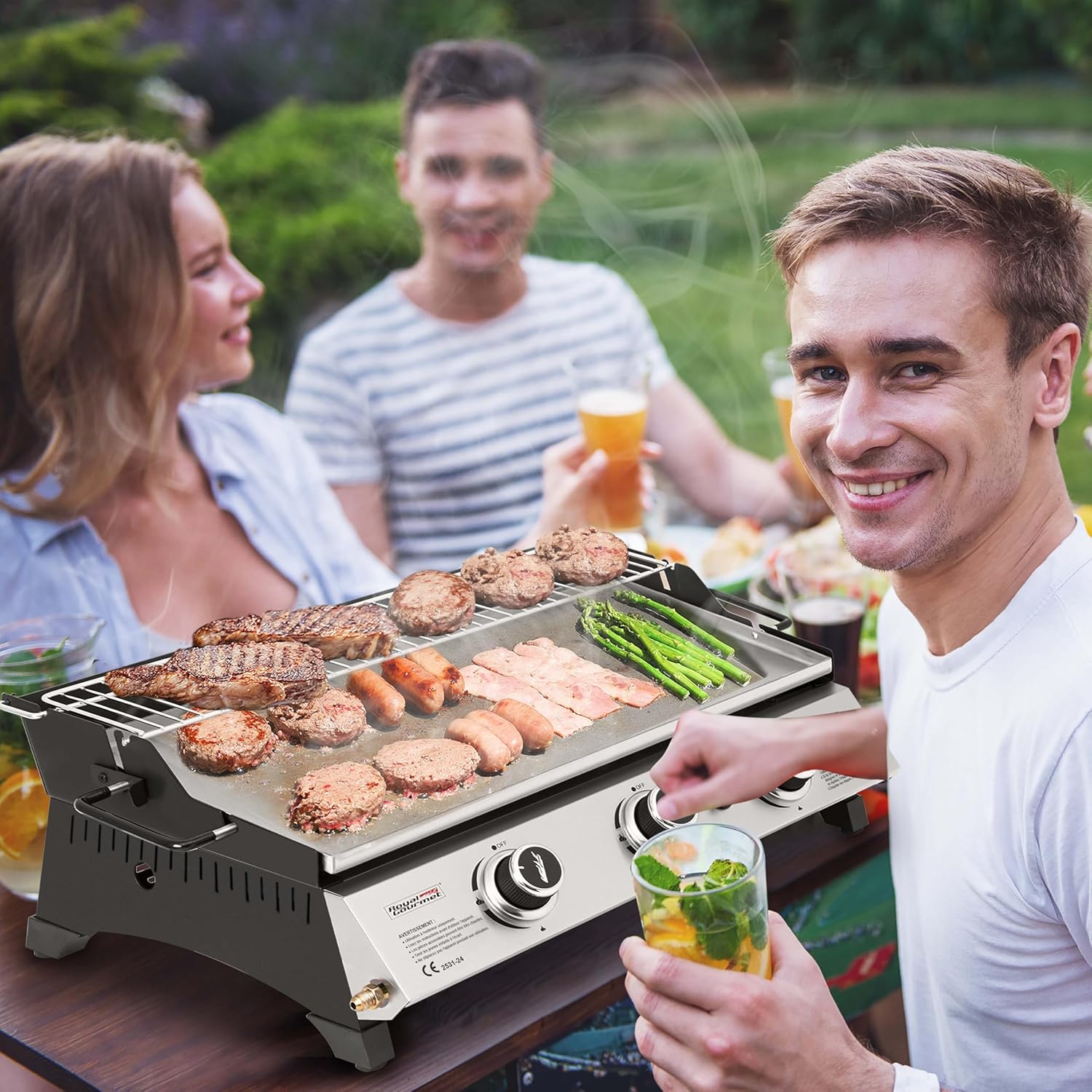 etevert - Plancha gaz inox 3 brûleurs 61,5x32cm, 7,5kW, usage extérieur