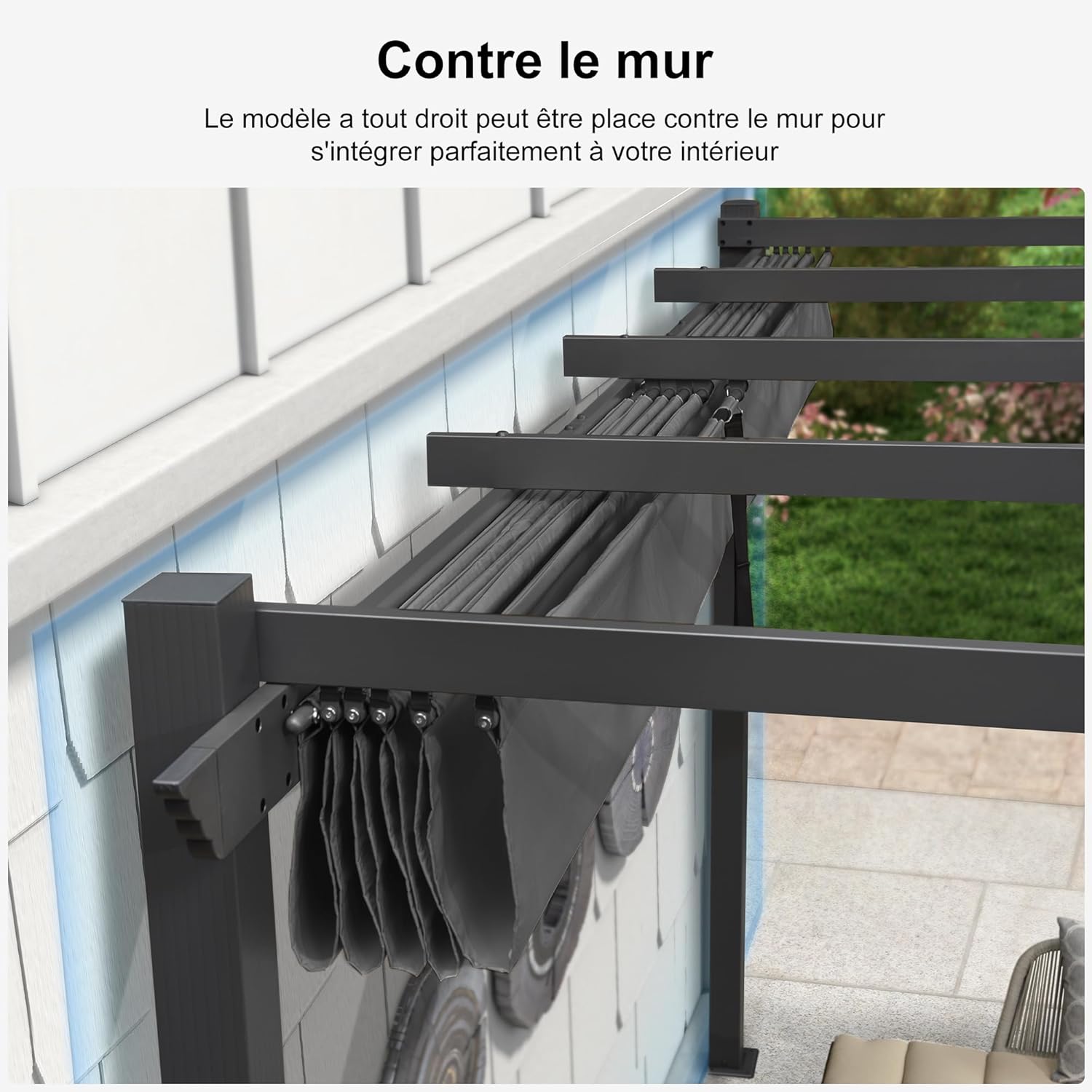 etevert - Pergola murale série aluminium 4x2,7m toit coulissant, tissu teint, gris