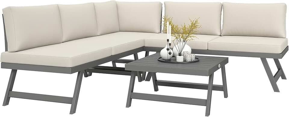 etevert - salon de jardin d'angle convertible 4 pcs - alu et acier, coussins, beige
