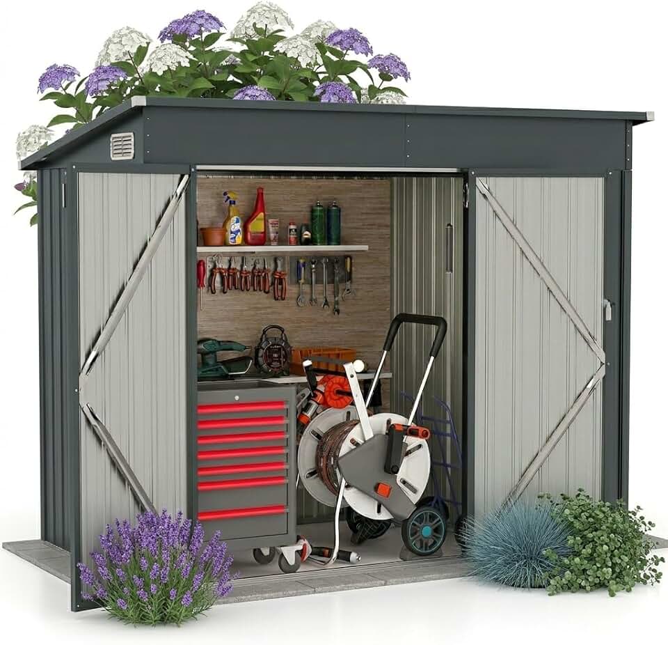 etevert - abri de jardin métal - 238x119x187cm - porte, aérations, toit pente, gris