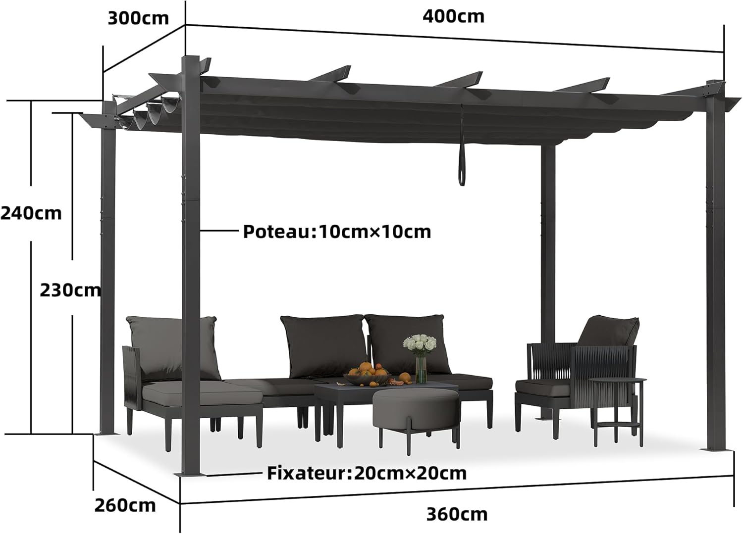 etevert – pergola aluminium – 4x3m – toit rétractable, éclairage intégré