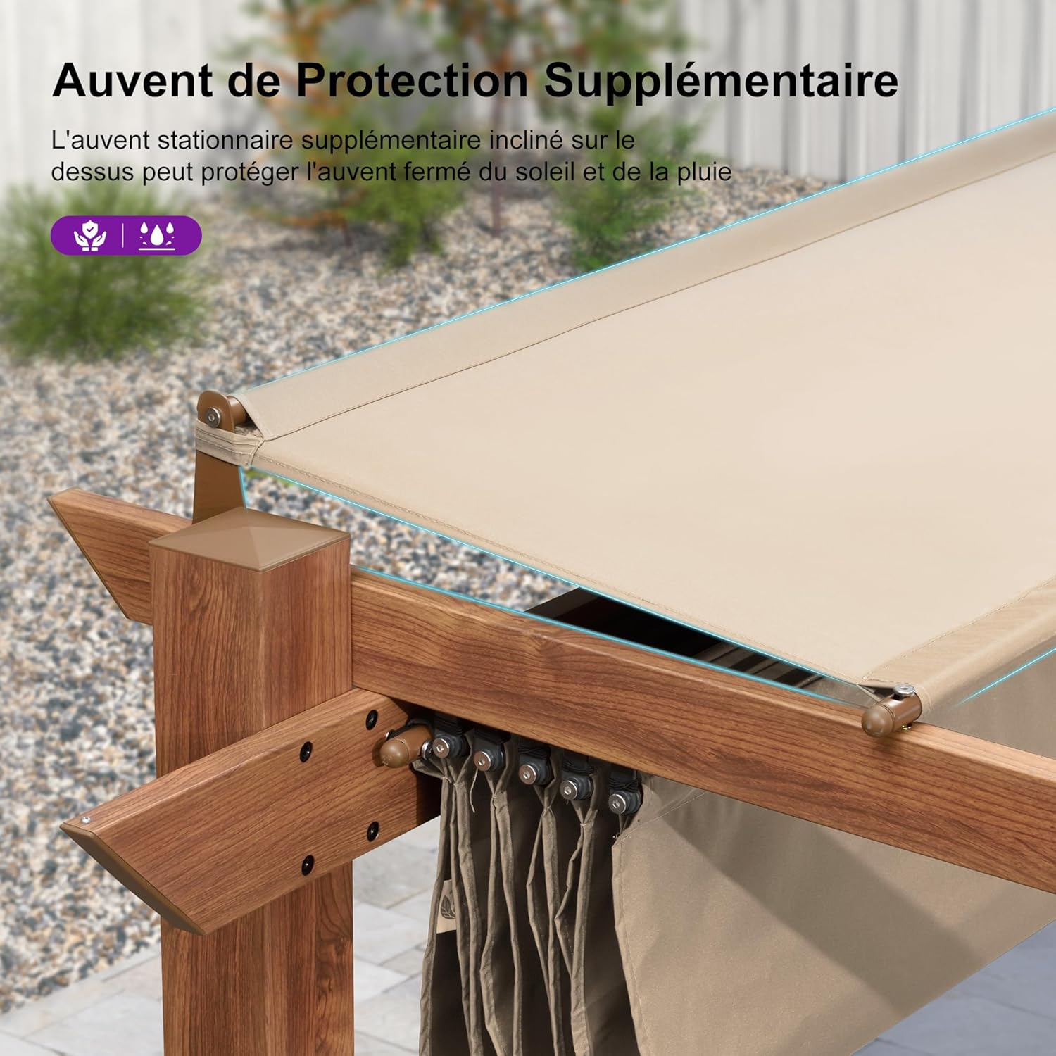 etevert - pergola aluminium - 3x3m - teck, toile rétractable, kaki