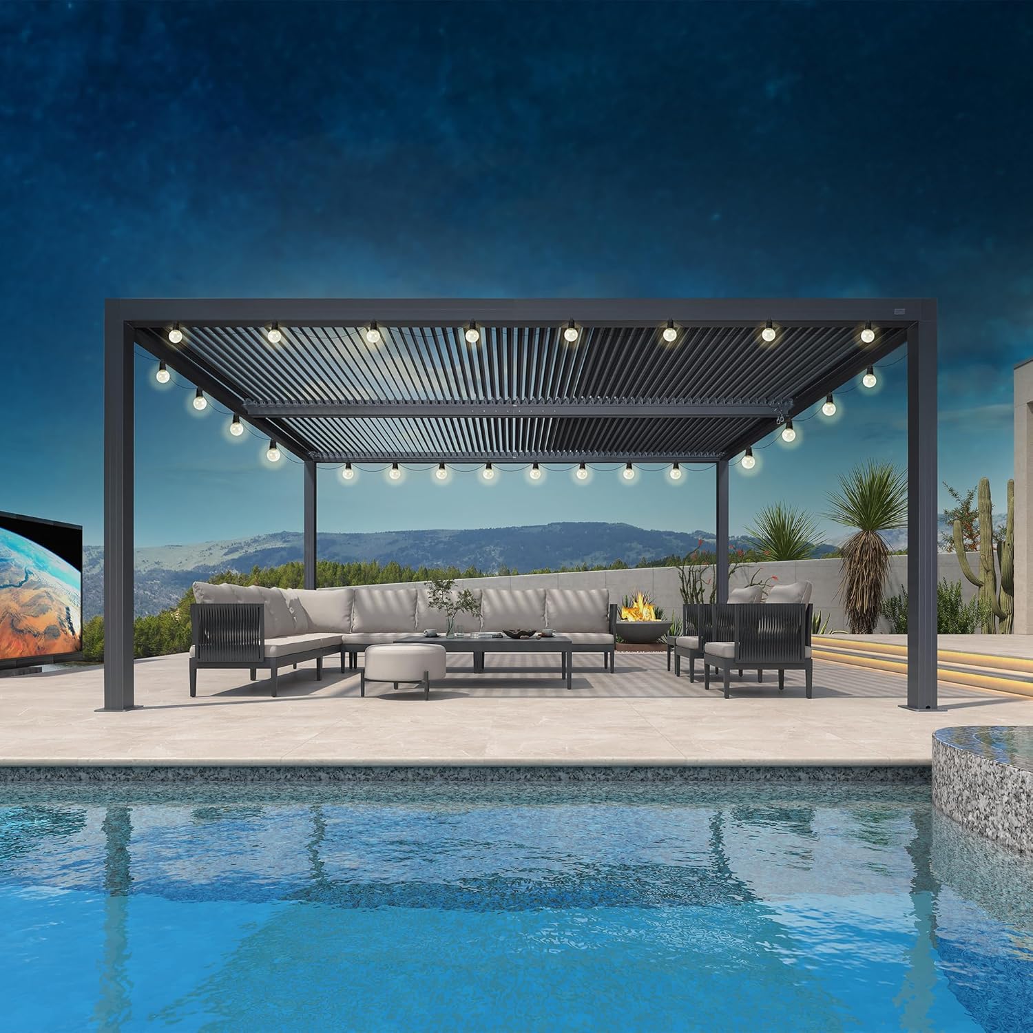 etevert - Pergola bioclimatique - 4,8x3m - alu, lames orientables, éclairage, 14,4m²