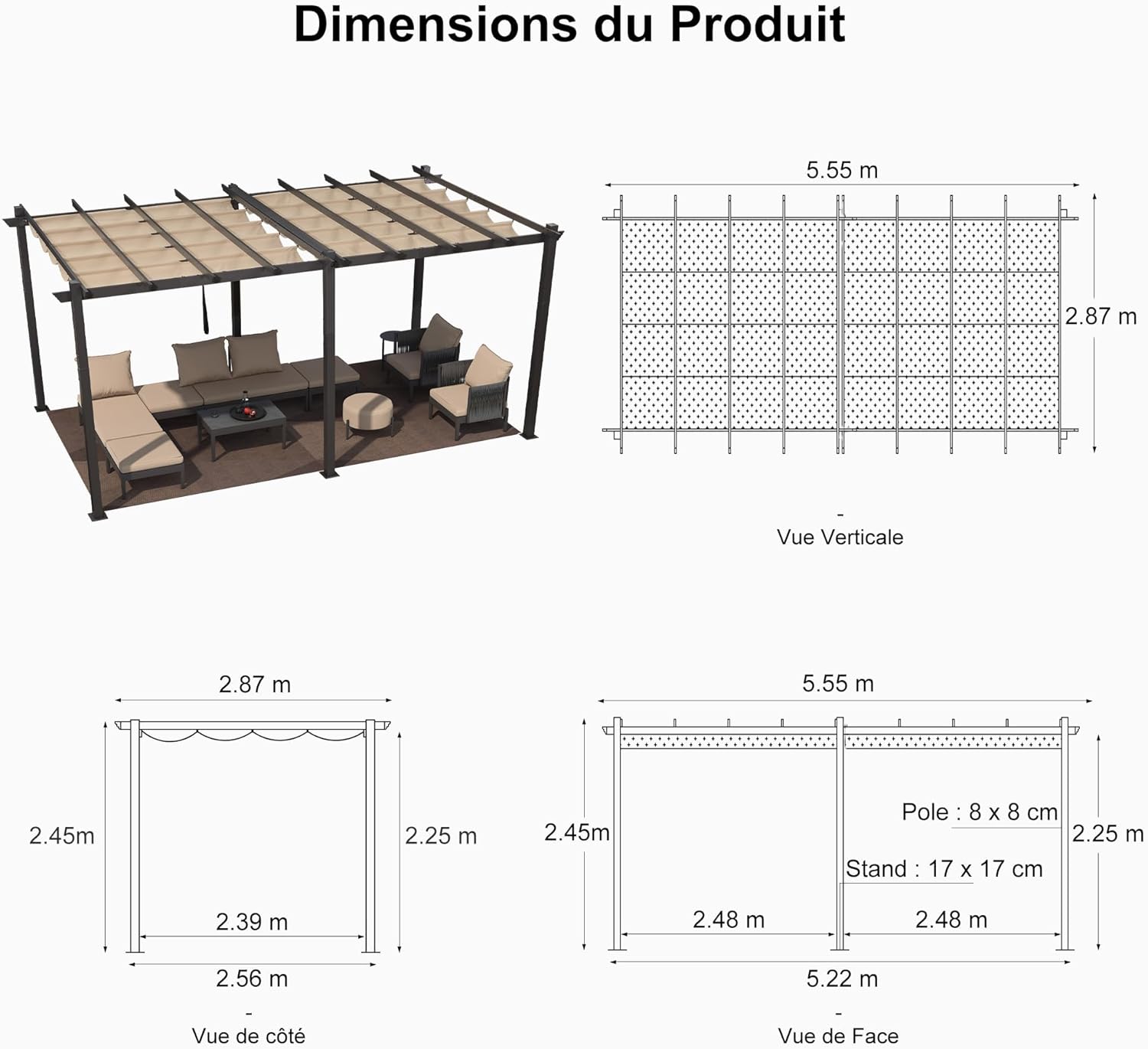 etevert - Pergola alu 5,5x3m, toit rétractable LED, kaki