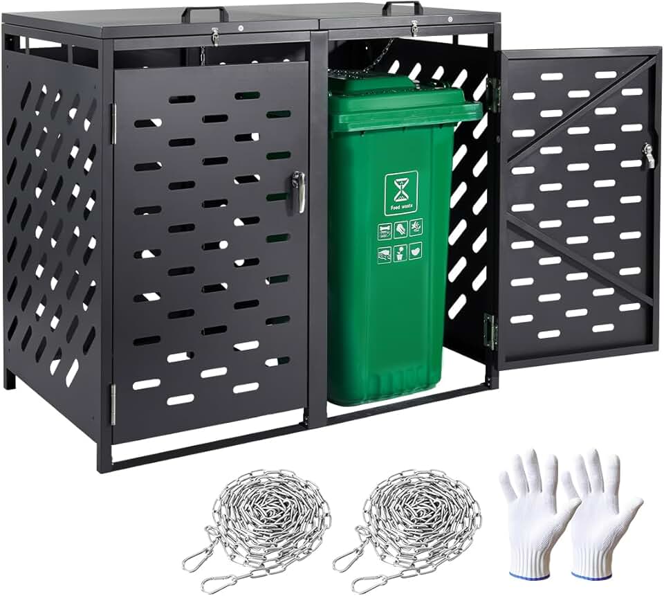 etevert Abri pour poubelles, 2 x 240 L, Rangement pour poubelles Horizontal, avec Couvercle à chaîne, boîte de Rangement à poubelles d'extérieur, étanche et verrouillable, pour Jardin, Cour et terrasse