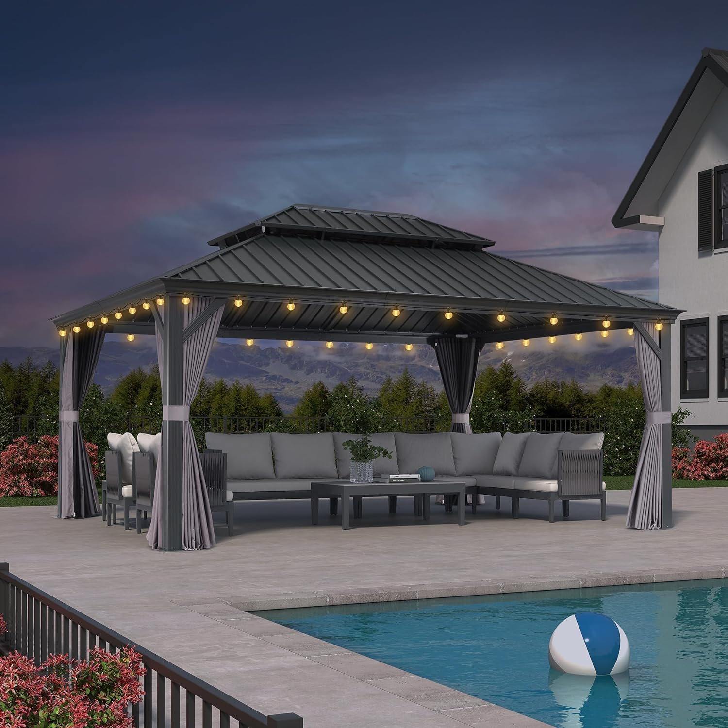 etevert - pergola éclairée 5,2x4m, aluminium, rideaux, gouttière, gris