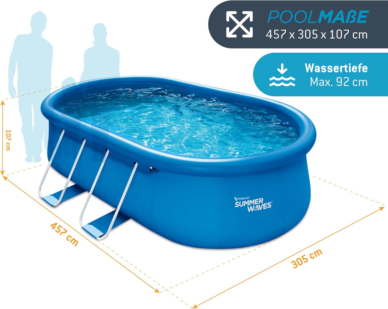 etevert Quick Up Kit complet de piscine - Ovale - 457 x 305 x 107 cm - Bleu - Piscine hors-sol et piscine avec pompe à filtre, échelle, tapis de sol et bâche