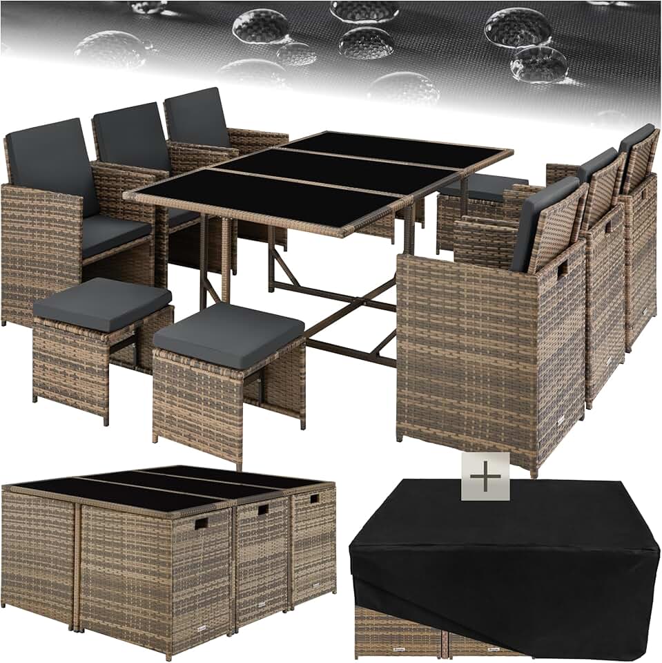 etevert - salon de jardin poly rotin 10 pers., housse, entretien facile
