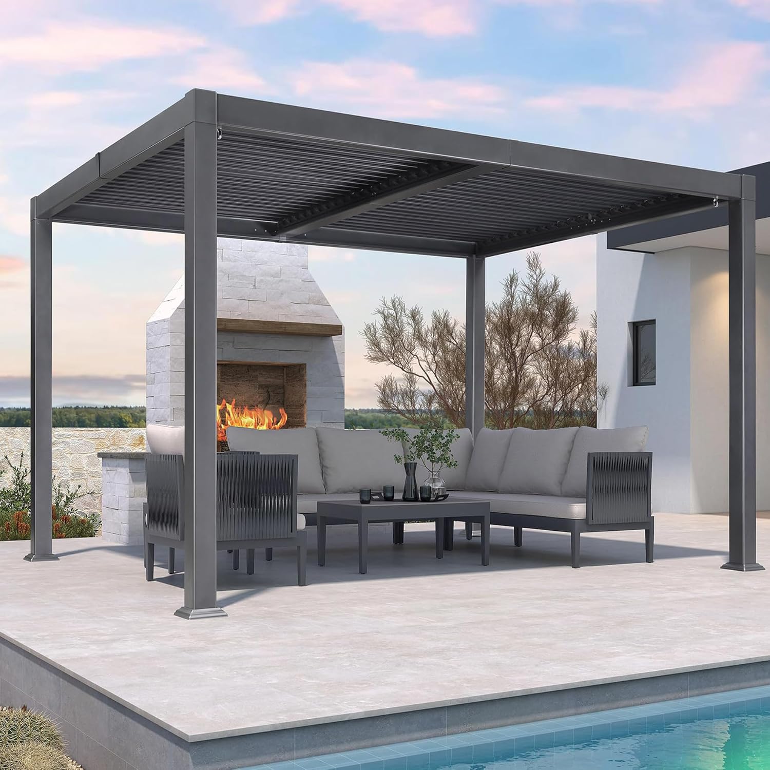 etevert - pergola bioclimatique - 3x3,65m - aluminium, lames orientables, gris