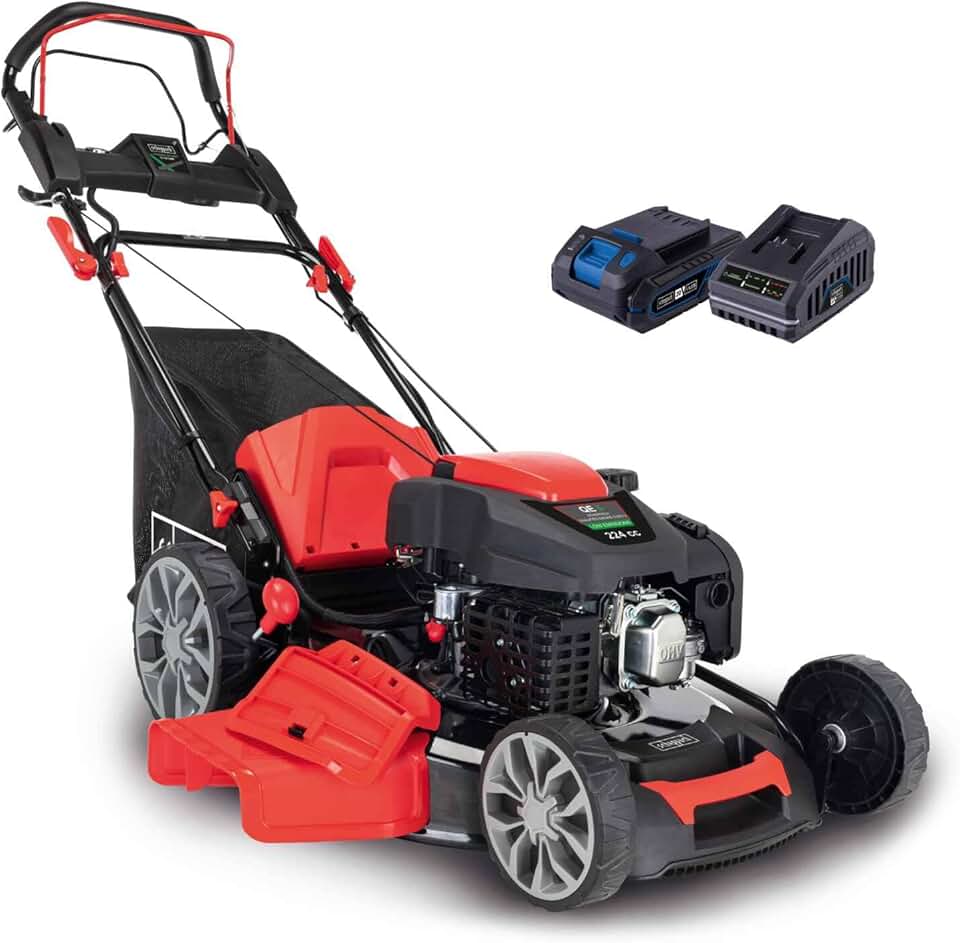 etevert Tondeuse à Gazon Hybride MS225-56E – Tondeuse à Essence – Moteur à Essence 4 Temps de 6 CV / 4,4 KW – 224 cm³ – Largeur de Coupe 56 cm – Démarrage électrique – Batterie + Chargeur Inclus