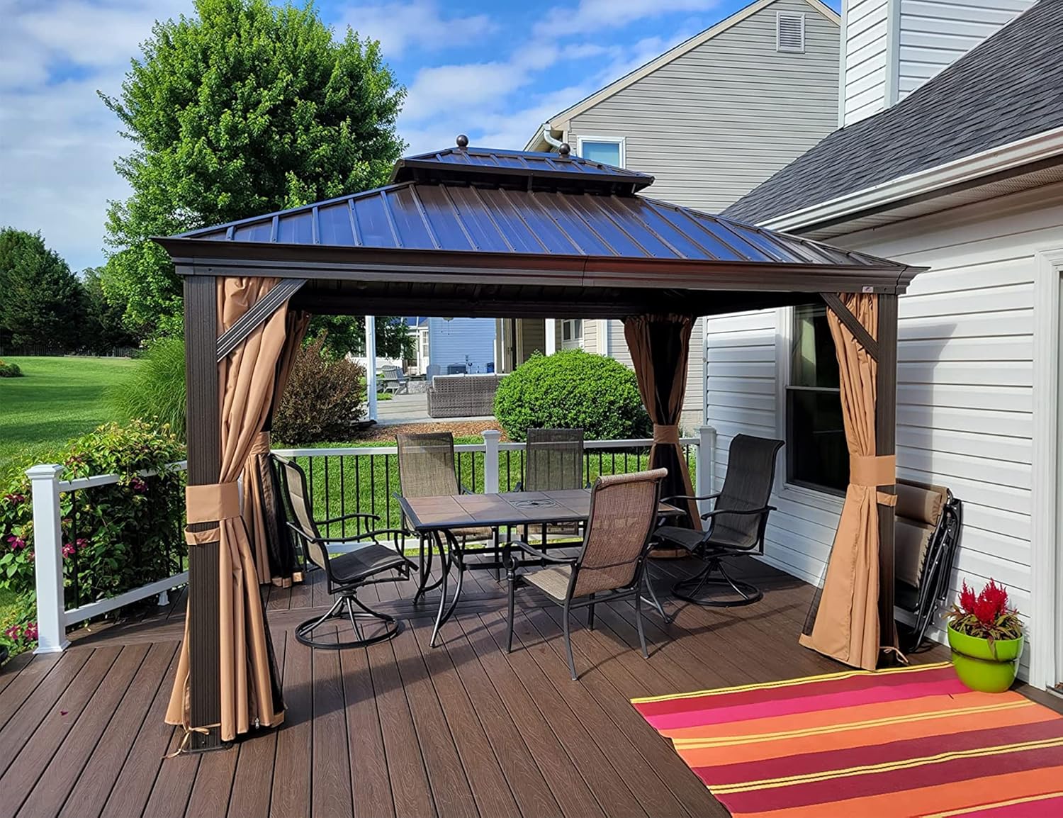 etevert - Tonnelle de Jardin 4,25x3m - Acier galvanisé, moustiquaire, rideaux, gouttière, poteaux renforcés, bronze 
