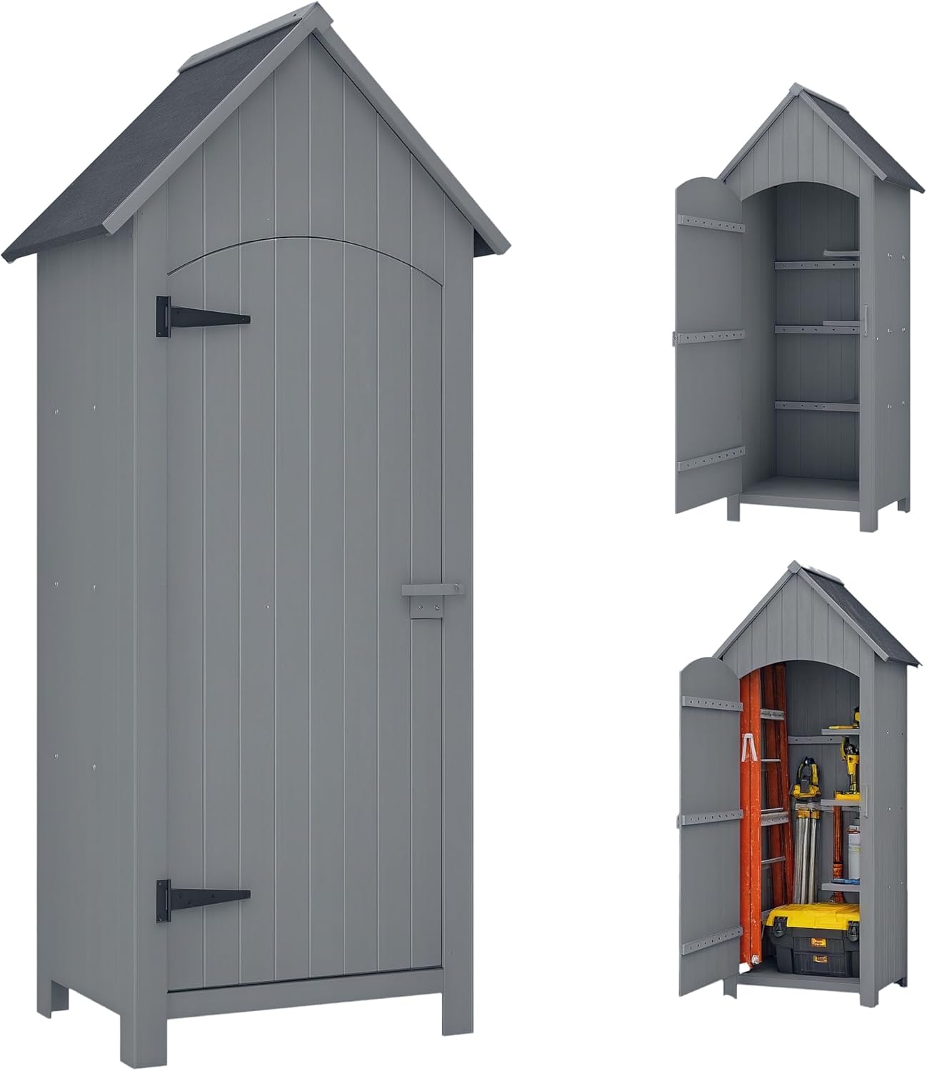 etevert Abri de Jardin en Bois cabane de Jardin Exterieur Armoire de Jardin avec Toit bitumé 3 étagères Porte avec loquet Rangement et Stockage extérieurs pour terrasse 77,5 x 54,2 x 179,5 cm Gris