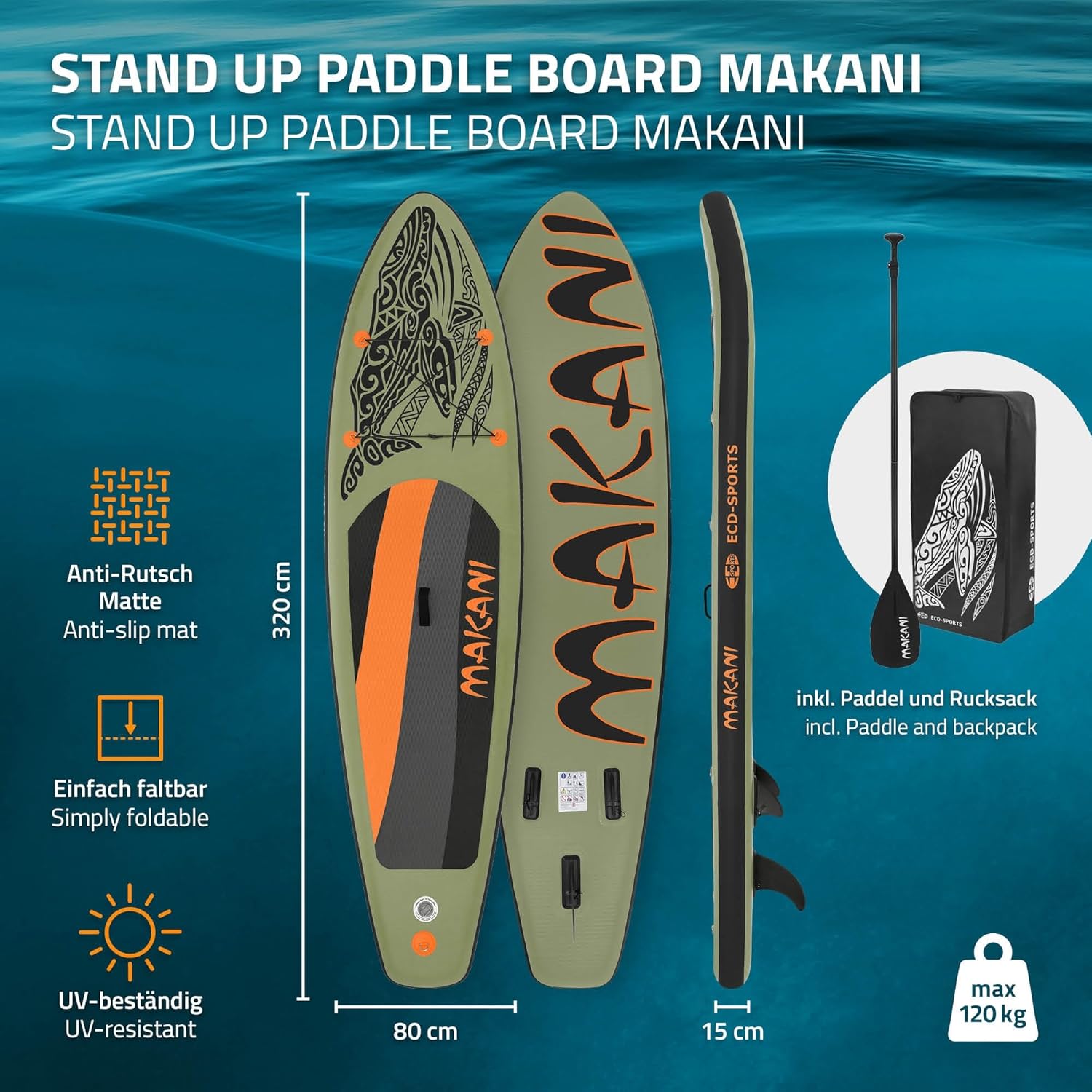 etevert - Stand Up Paddle Série - 305/308/320/380 cm - PVC, 120/150 kg, épaisseur 10/15 cm, sac, pompe