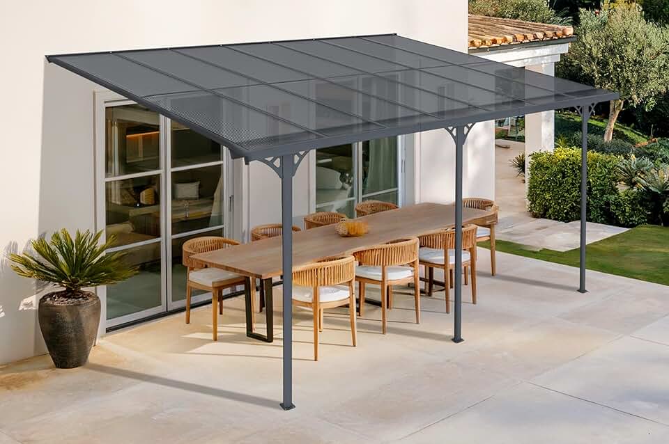 etevert - pergola adossée KLEO - 435x300 cm - alu, toit polycarbonate, résistant UV, gris anthracite KLEO