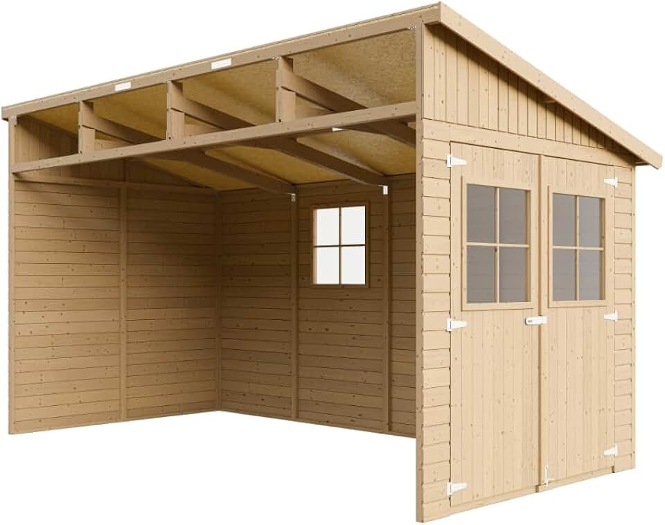 etevert M340 Abri de Jardin en Bois Naturel (sans paroi latérale)- Stockage extérieur avec fenêtres- H243x216x416 cm/8 m2, Hangar en Bois Naturel - Atelier Rangement Outils et vélos The Forest Stewardship Council