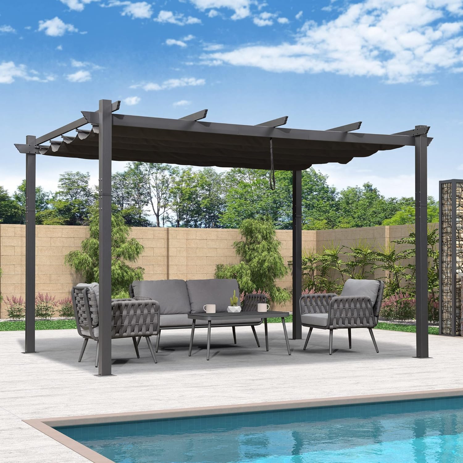 etevert - pergola aluminium - 4 x 3,2 m - toit coulissant, tissu teint, gris