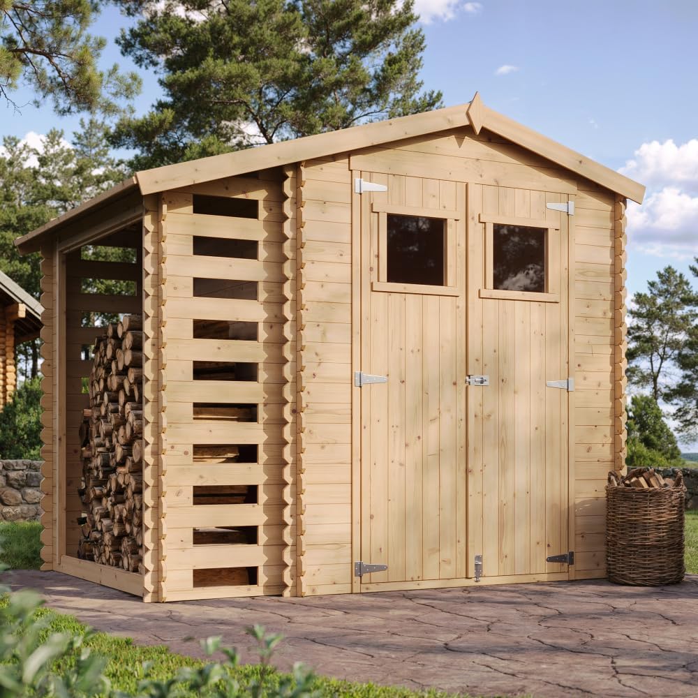 Abri de Jardin en Bois et Range bûches extérieur - Stockage extérieur I206xL272xH218 cm/ 3,53 + 0,97 m2 Petit abri à Outils, Local à vélos - etevert M386