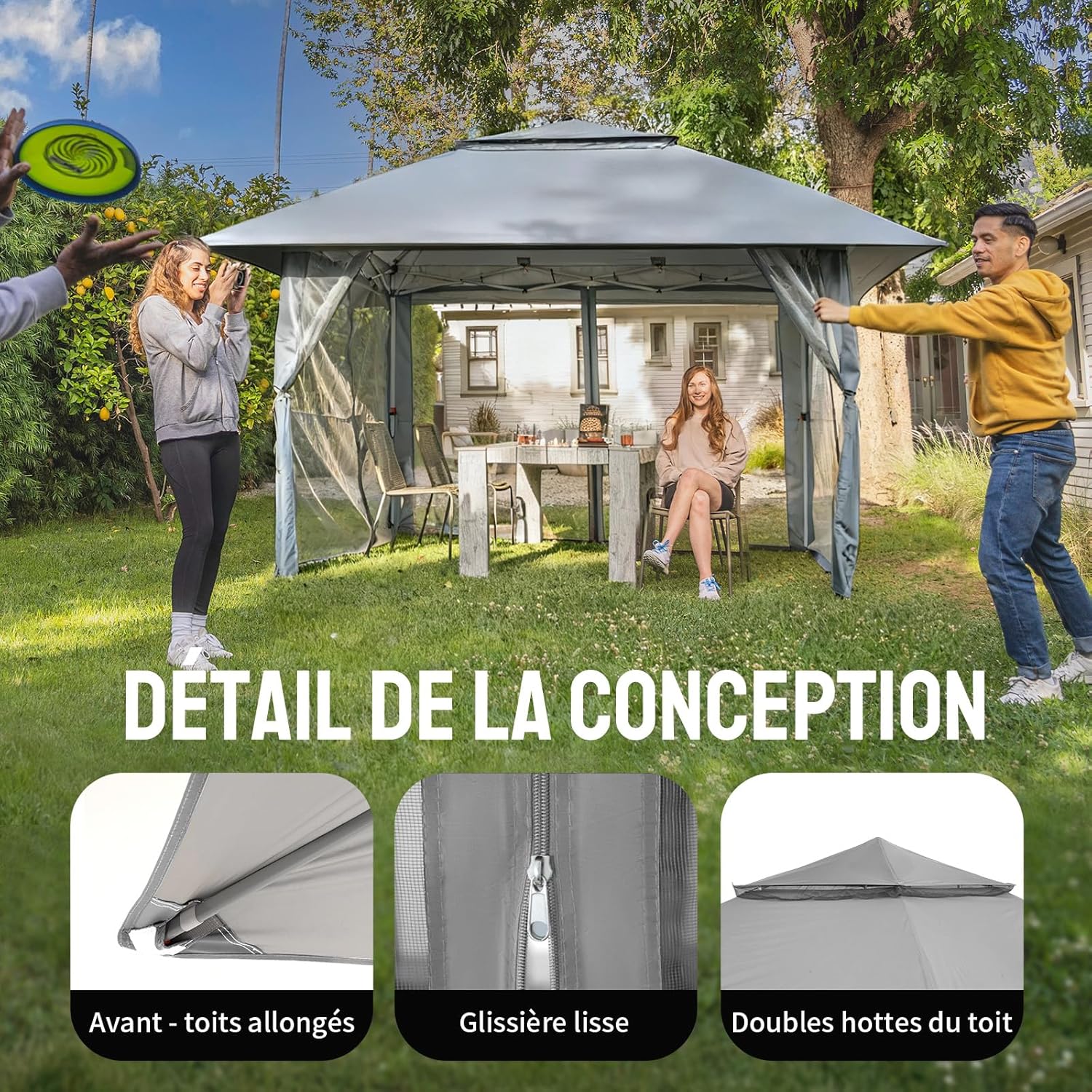 etevert - tonnelle jardin pop up - 4x4 m - double toit, côtés maille, hauteur réglable