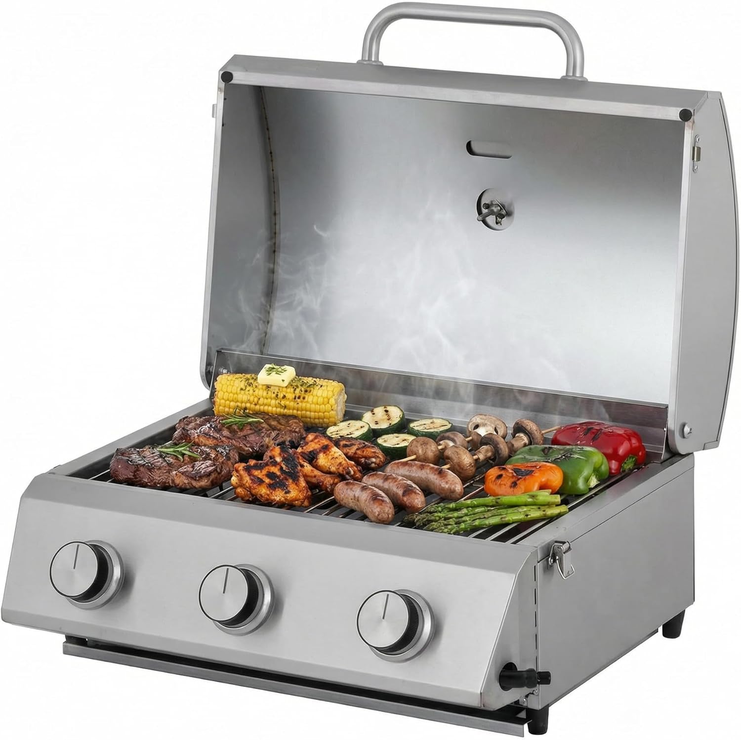 etevert - Barbecue à gaz portable - inox - 3 brûleurs, thermomètre, allumage piézo - CATHAN