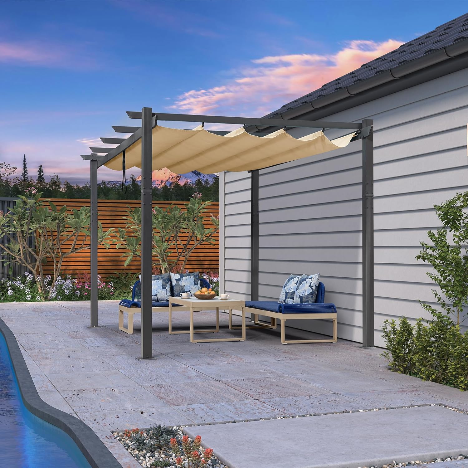 etevert - Pergola murale - 4 x 2,7 m - toit coulissant alu, tissu kaki